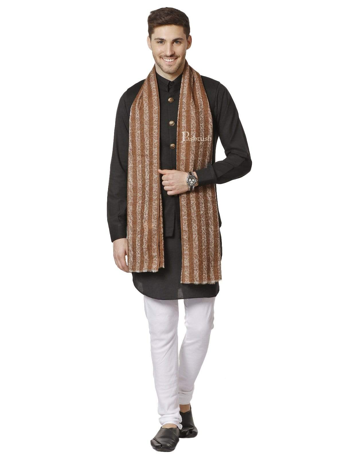 Pashtush India 70x200 Pashtush Mens Fine Wool Striped Stole, Espresso