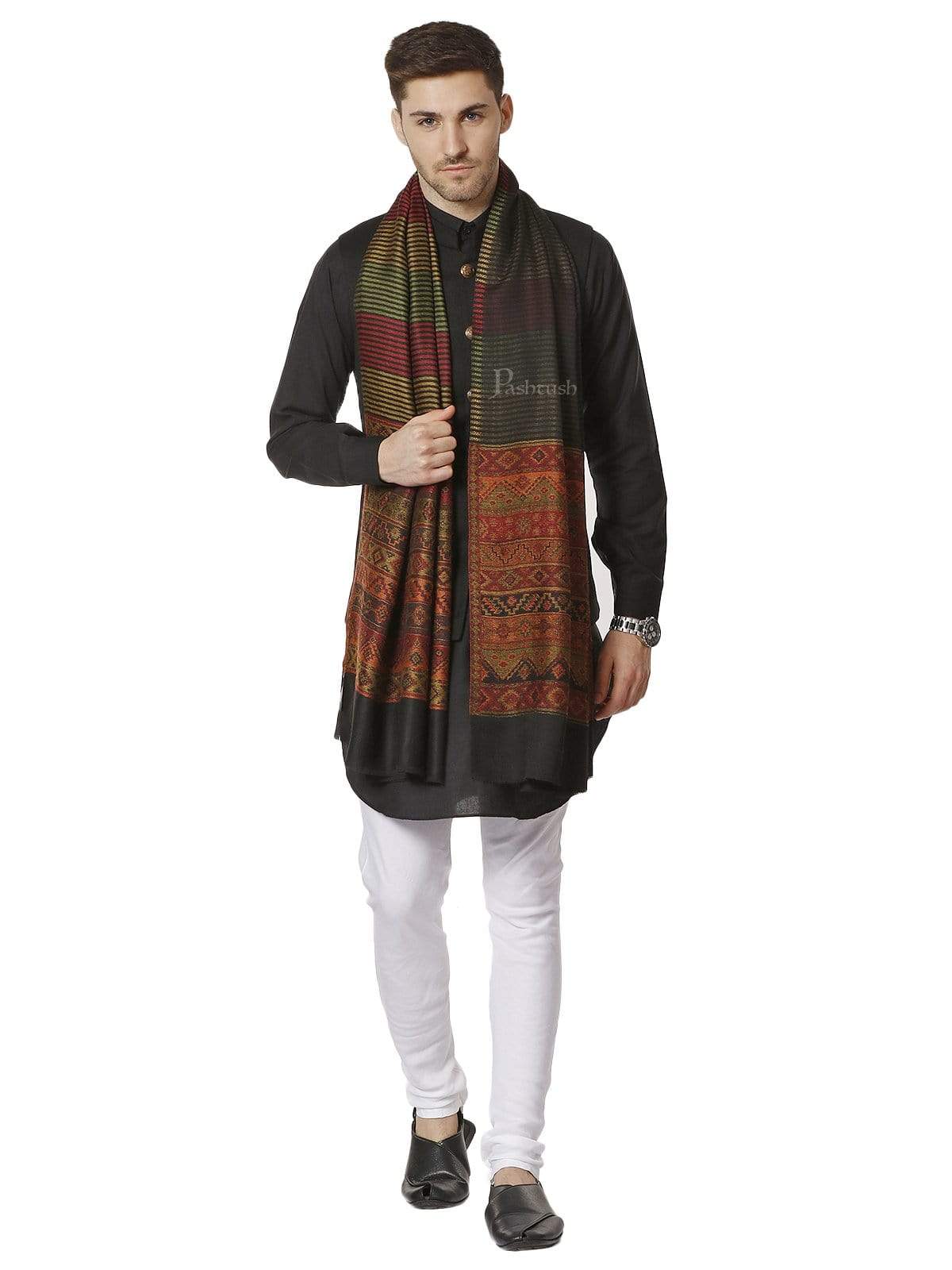 Pashtush India 70x200 Pashtush Mens Fine Wool Traditional Kullu Weave Stole