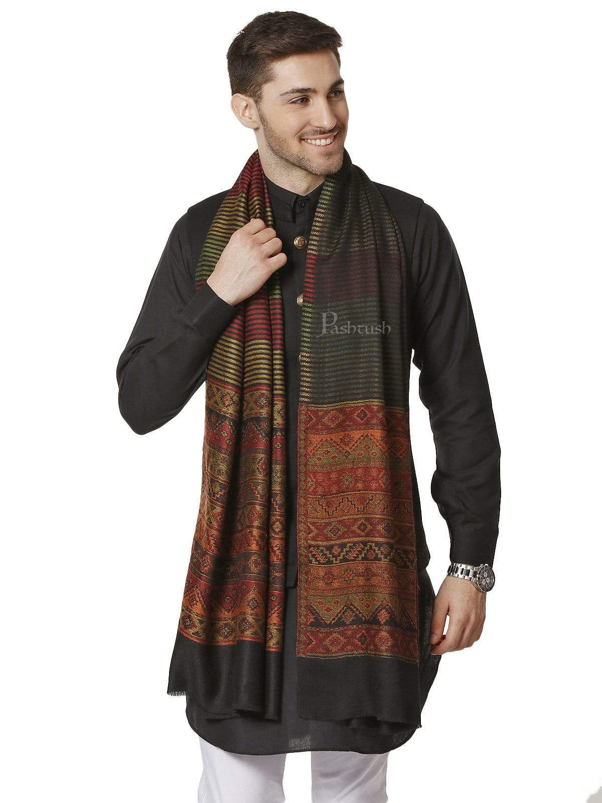 Pashtush India 70x200 Pashtush Mens Fine Wool Traditional Kullu Weave Stole