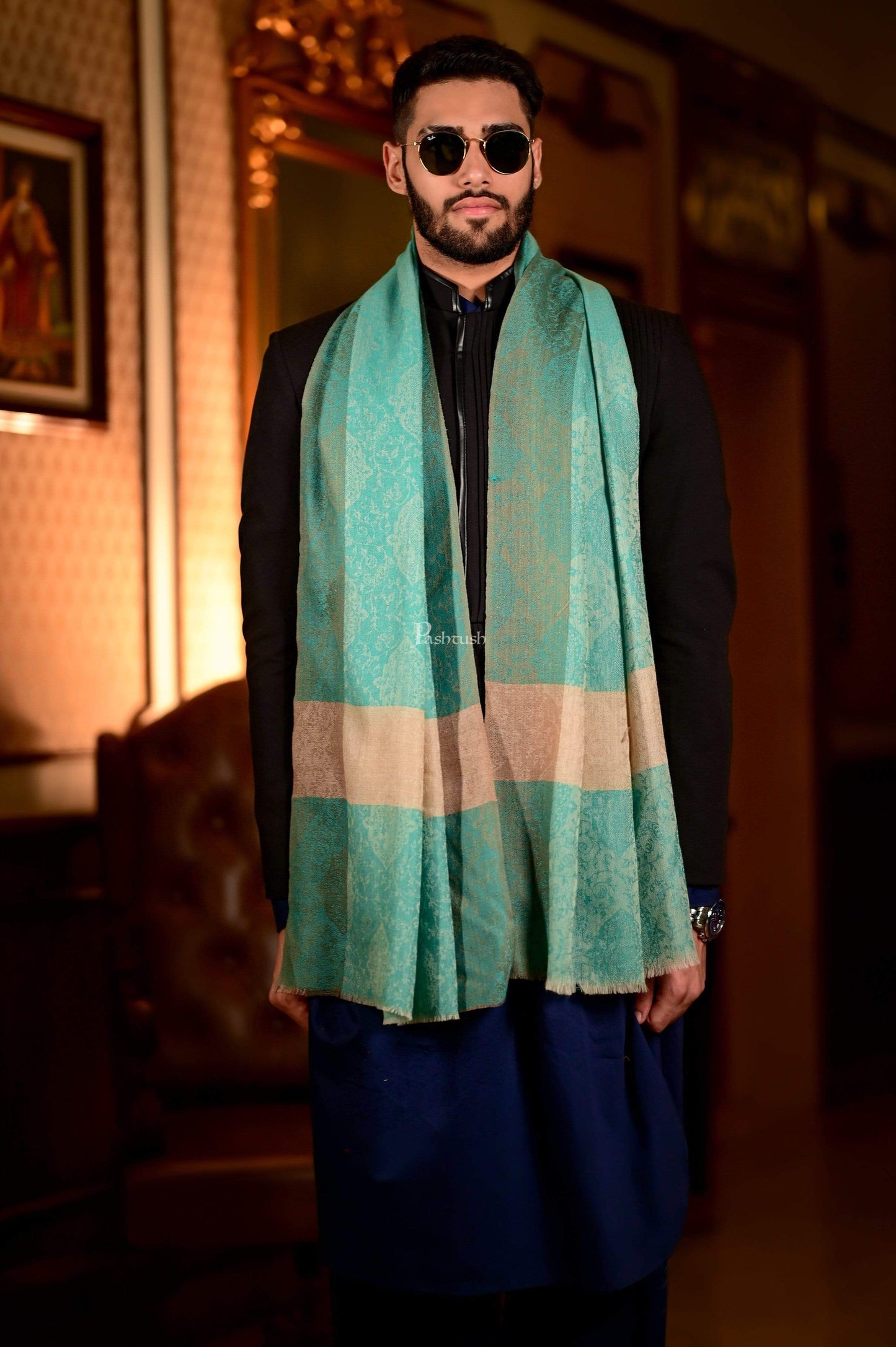 Pashtush India 70x200 Pashtush Mens Green Grey Woven Design Designer Stole