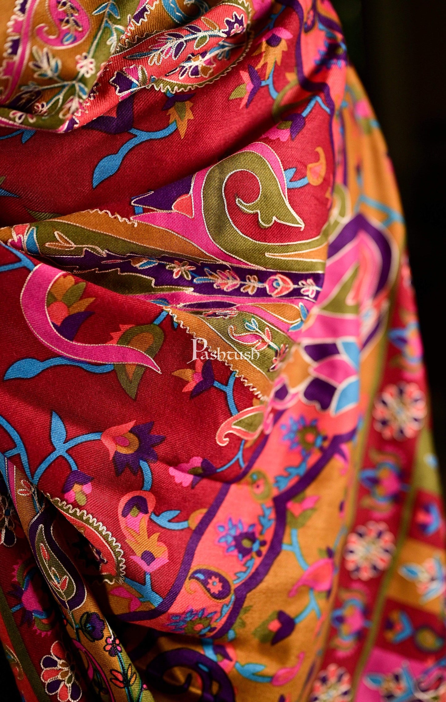 Pashtush India 114x228 Pashtush Mens Hand Embroidered Kalamkari Shawl, Fine Wool