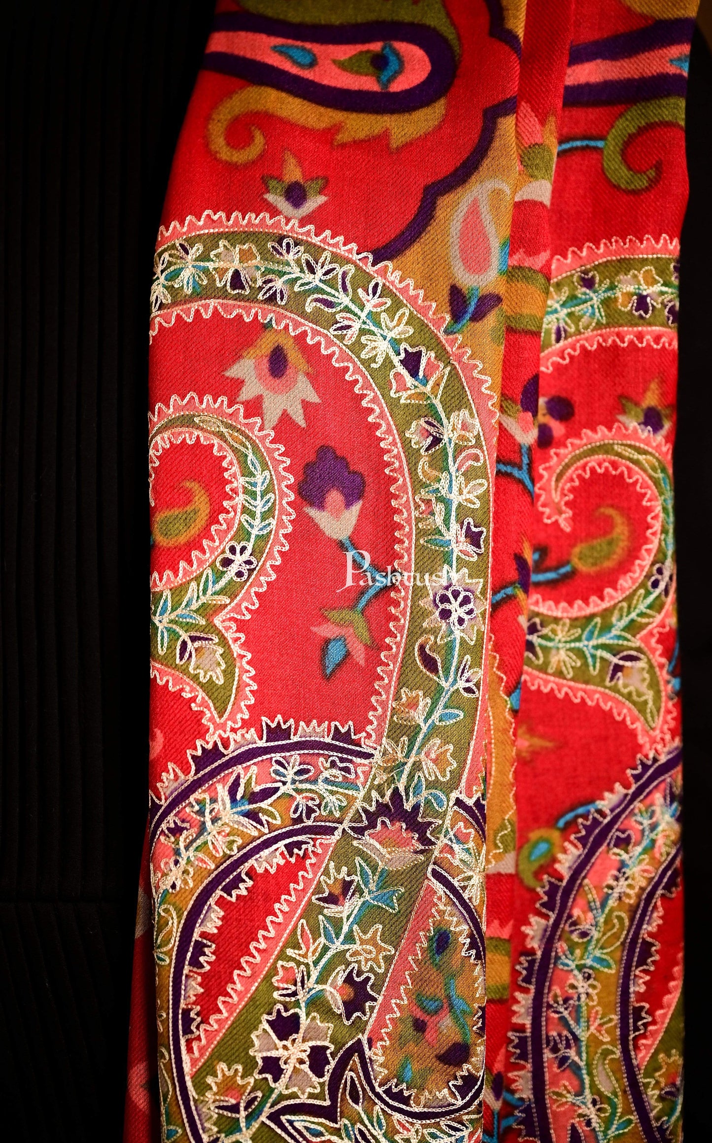 Pashtush India 114x228 Pashtush Mens Hand Embroidered Kalamkari Shawl, Soft and Warm, Light Weight Fine Wool