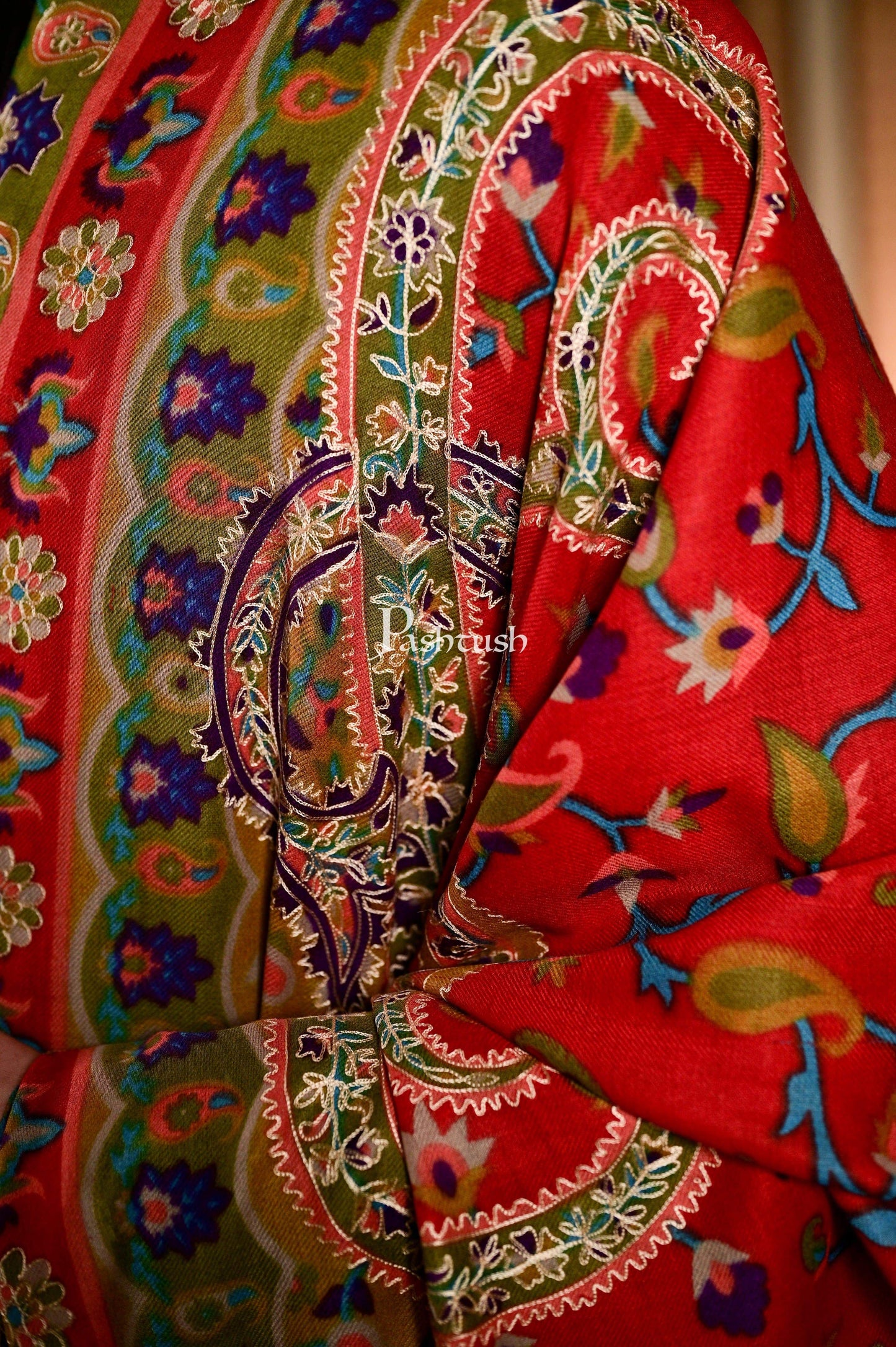 Pashtush India 114x228 Pashtush Mens Hand Embroidered Kalamkari Shawl, Soft and Warm, Light Weight Fine Wool