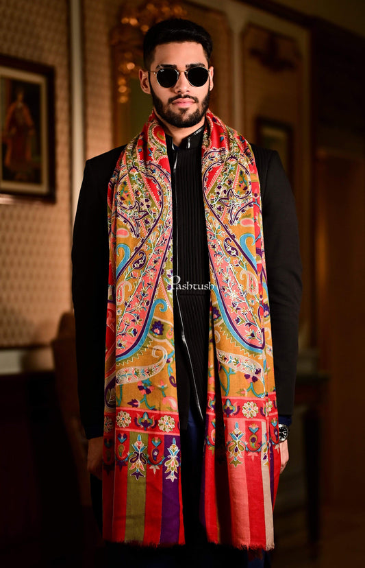 Pashtush India 114x228 Pashtush Mens Hand Embroidered Kalamkari Shawl, Soft and Warm, Light Weight Fine Wool