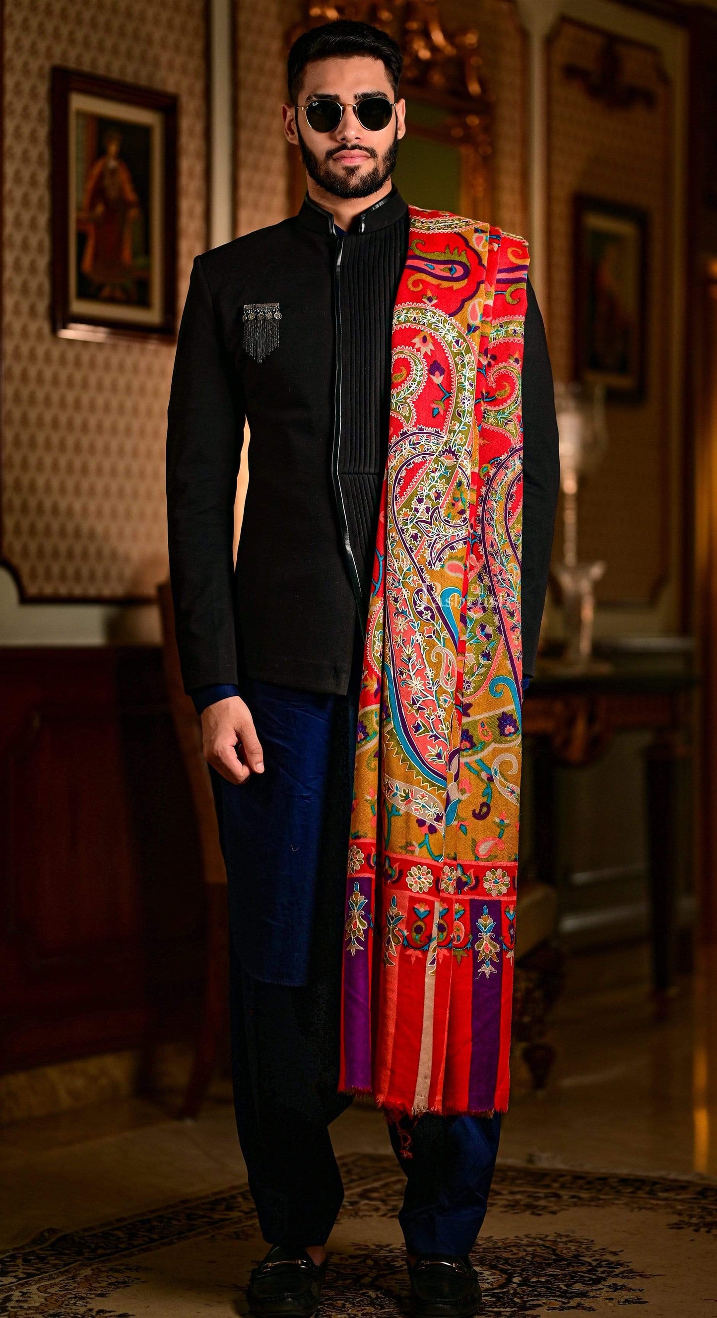 Pashtush India 114x228 Pashtush Mens Hand Embroidered Kalamkari Shawl, Soft and Warm, Light Weight Fine Wool