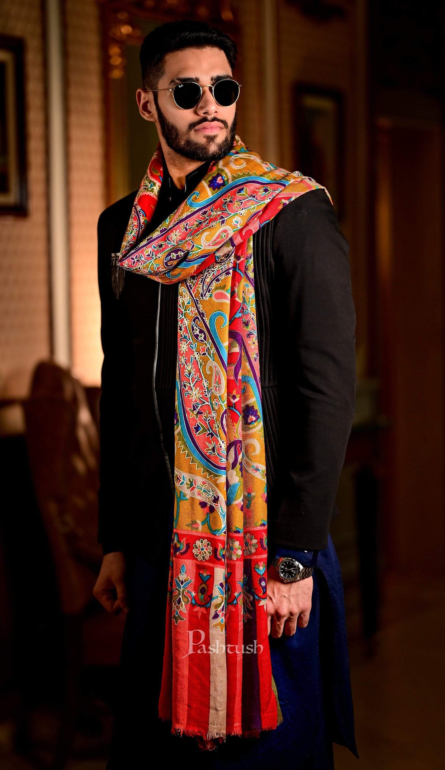 Pashtush India 114x228 Pashtush Mens Hand Embroidered Kalamkari Shawl, Soft and Warm, Light Weight Fine Wool