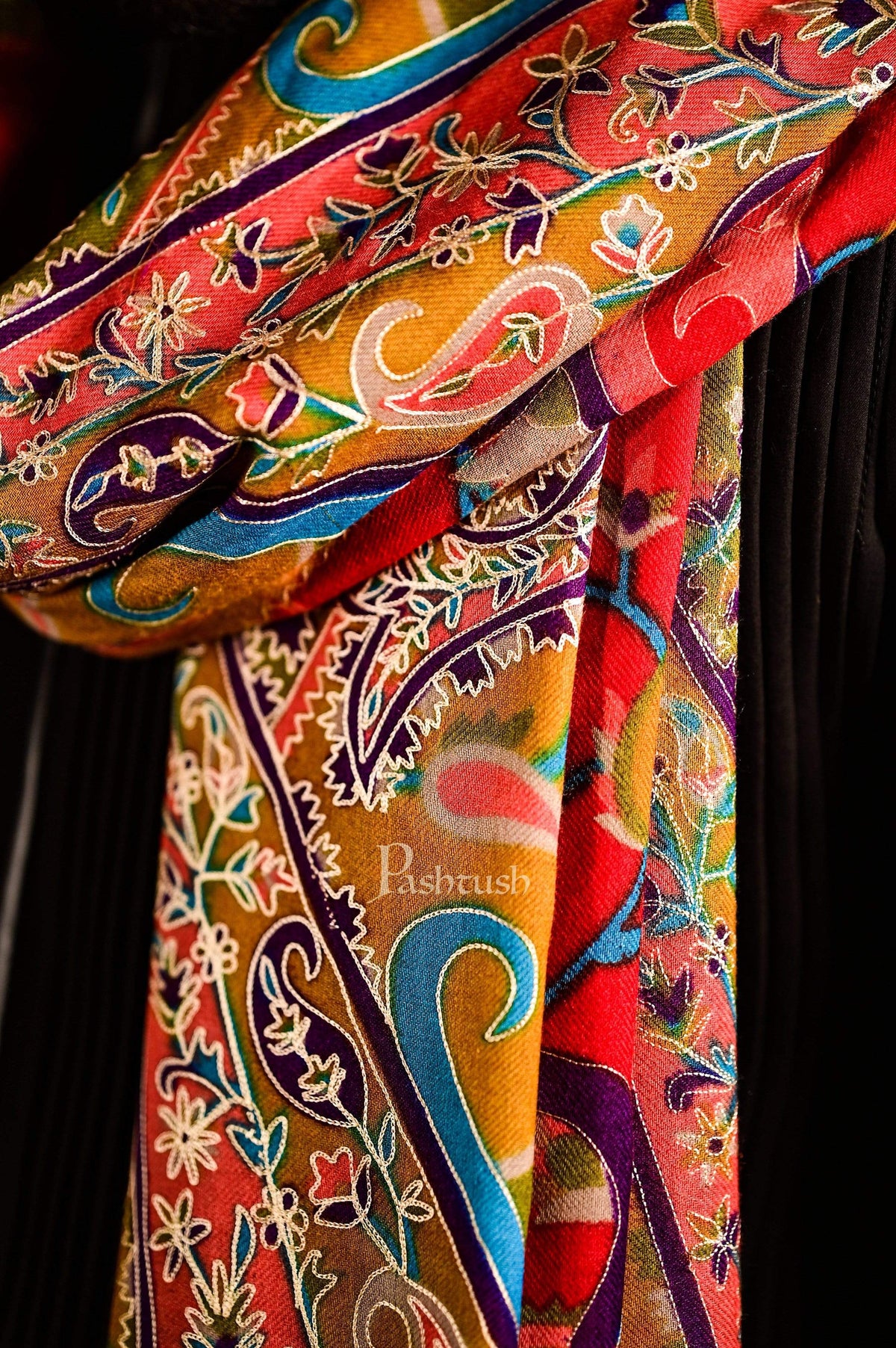 Pashtush India 114x228 Pashtush Mens Hand Embroidered Kalamkari Shawl, Soft and Warm, Light Weight Fine Wool