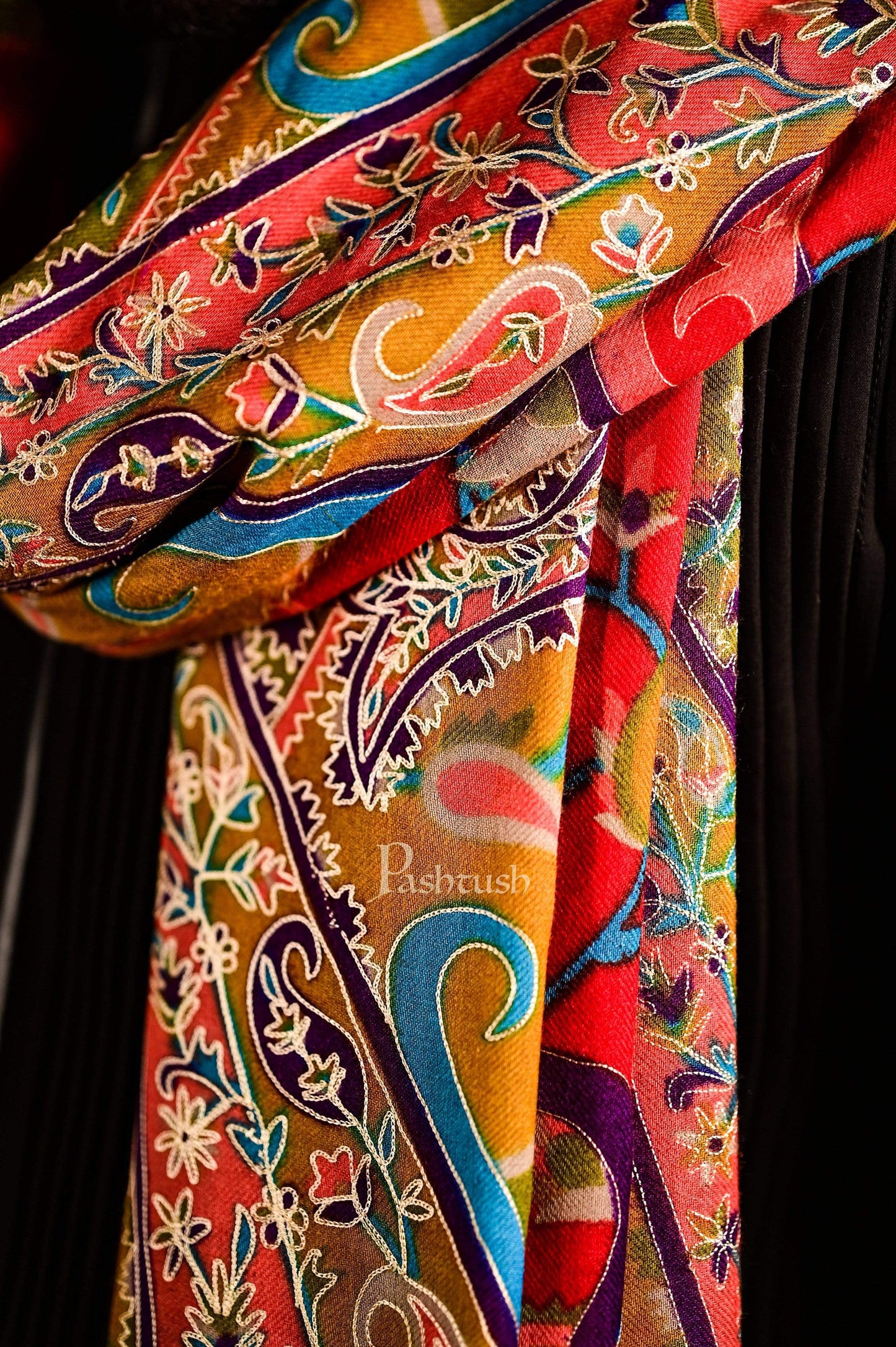 Pashtush India 114x228 Pashtush Mens Hand Embroidered Kalamkari Shawl, Soft and Warm, Light Weight Fine Wool