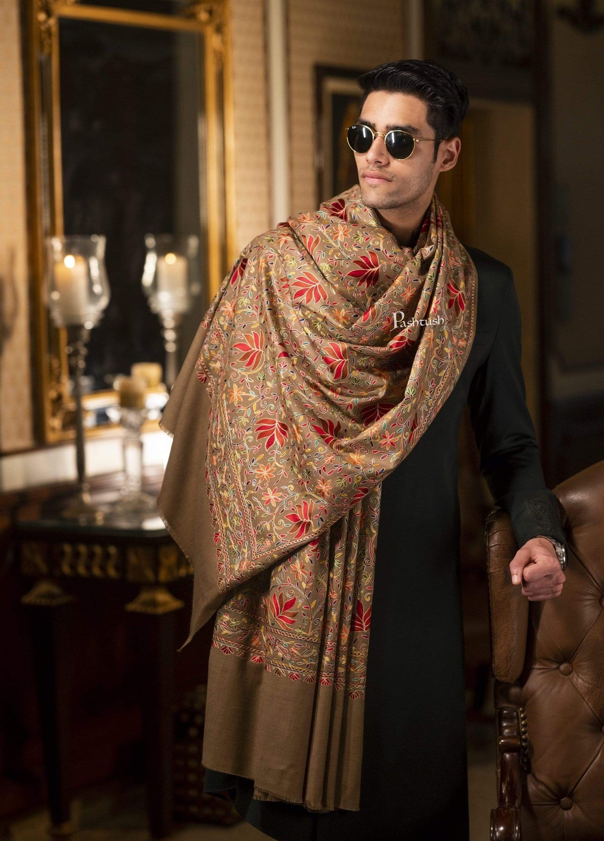Pashtush India 100x200 Pashtush Mens hand embroidered Nalki Shawl, Fine Wool