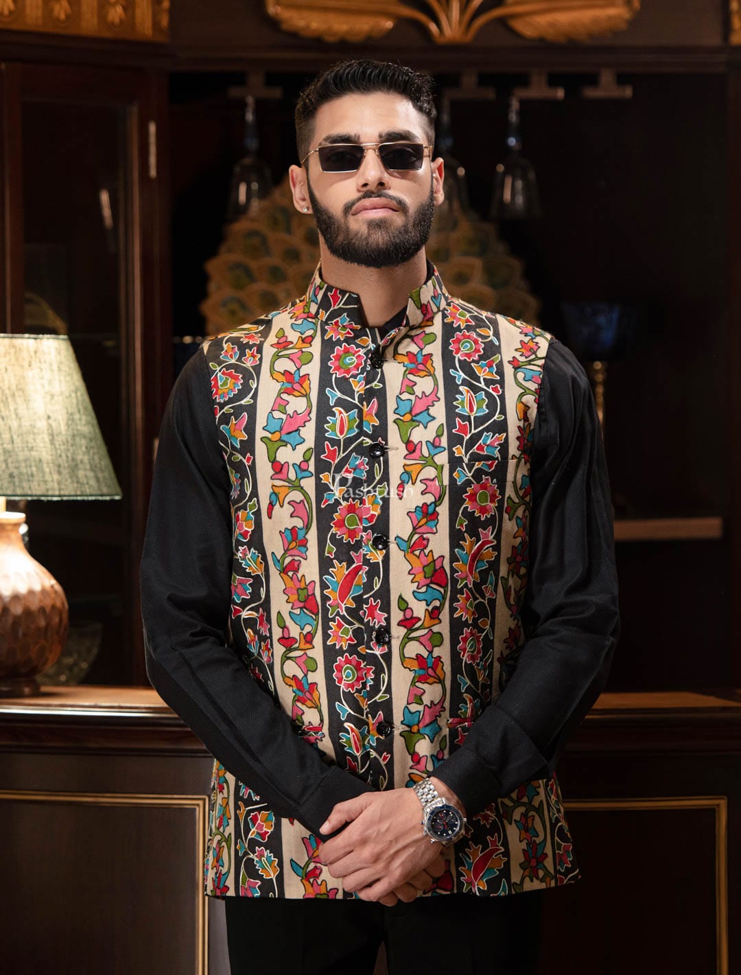 Pashtush India Coats & Jackets Pashtush Mens Hand Embroidered Sleeveless Jacket, Kalamkari Waistcoat, Multicolour
