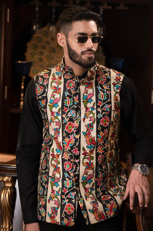 Pashtush India Coats & Jackets Pashtush Mens Hand Embroidered Sleeveless Jacket, Kalamkari Waistcoat, Multicolour