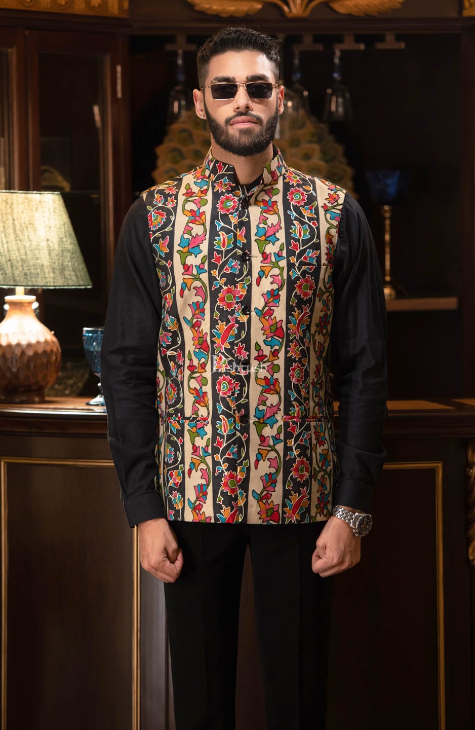 Pashtush India Coats & Jackets Pashtush Mens Hand Embroidered Sleeveless Jacket, Kalamkari Waistcoat, Multicolour