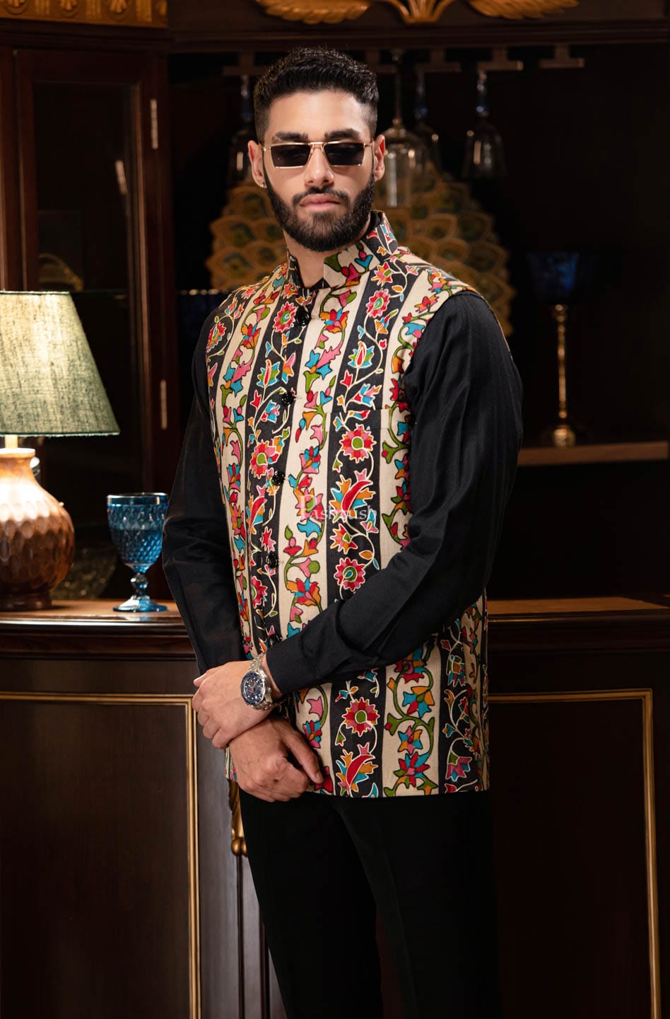 Pashtush India Coats & Jackets Pashtush Mens Hand Embroidered Sleeveless Jacket, Kalamkari Waistcoat, Multicolour