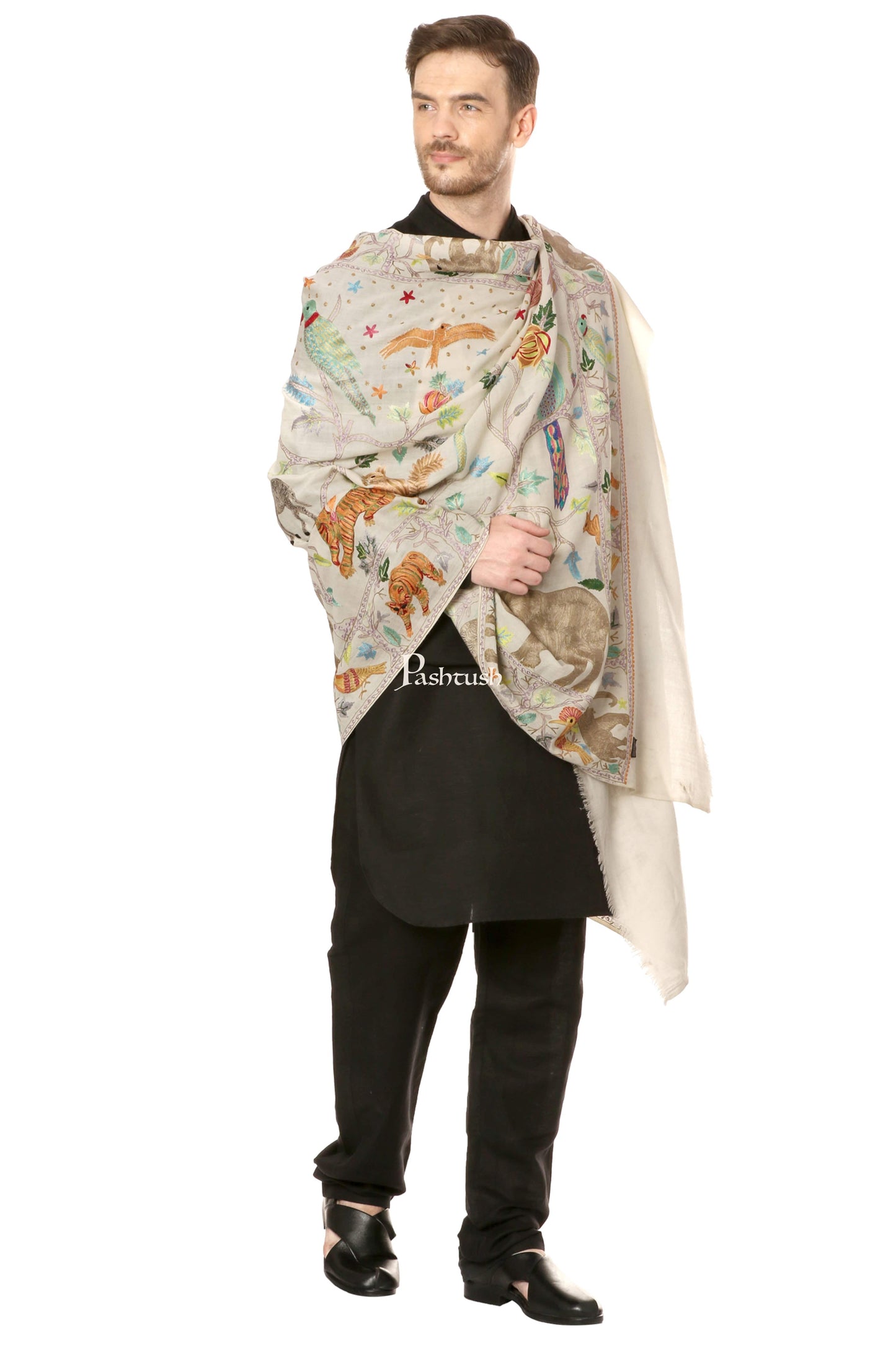 Pashtush India Mens Scarves Stoles and Mufflers Pashtush Mens Hand Embroidered Stole, 100% Pure Wool