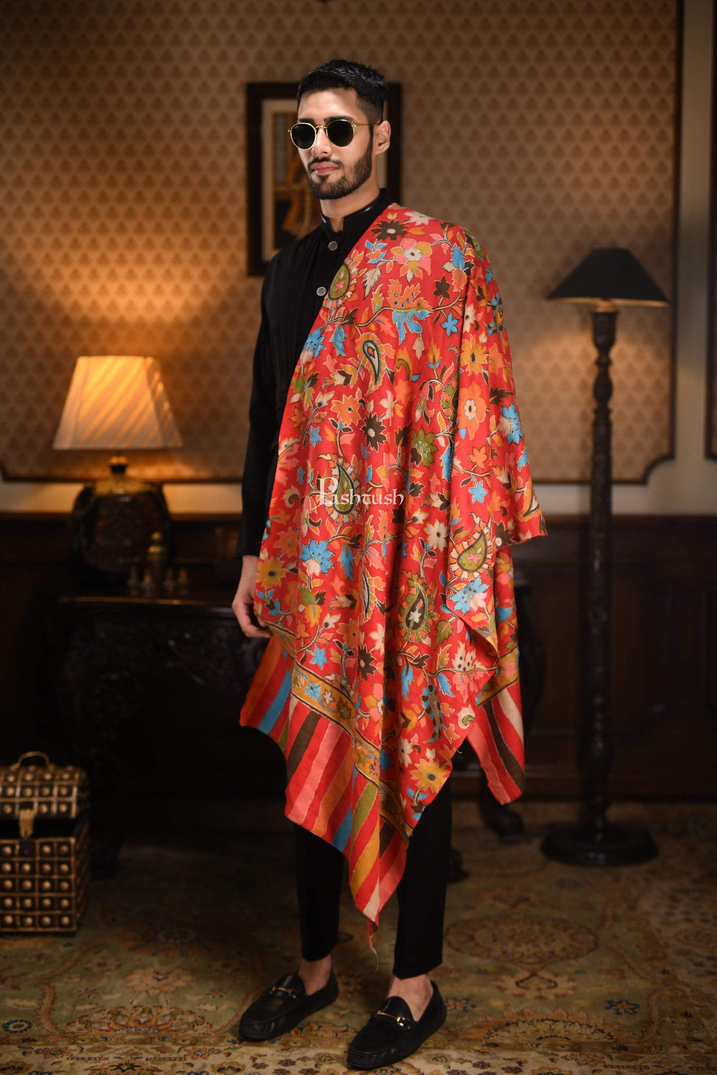 Pashtush India 70x200 Pashtush Mens Hand Embroidery Kalamkari Stole