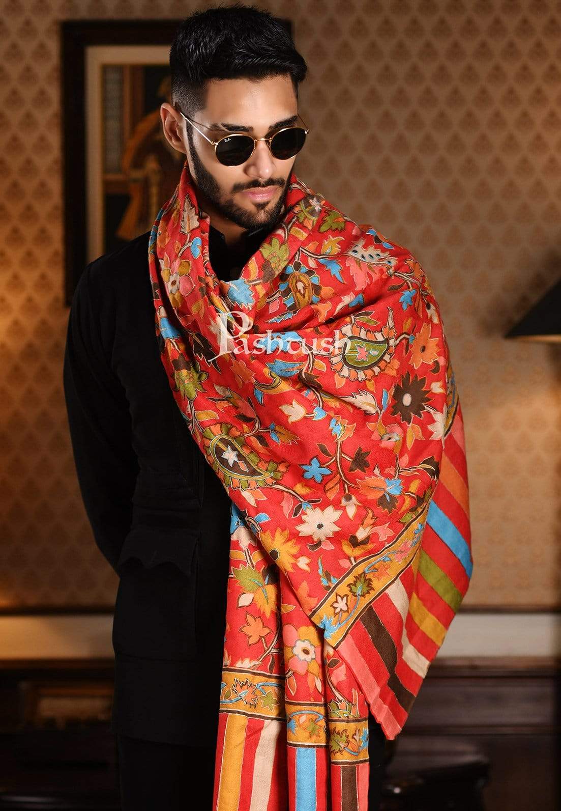 Pashtush India 70x200 Pashtush Mens Hand Embroidery Kalamkari Stole
