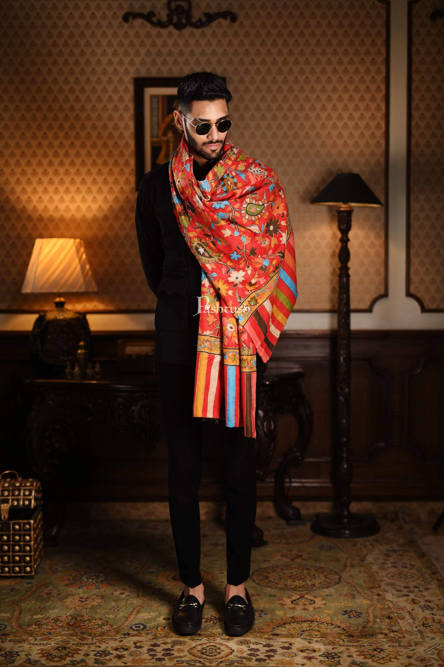 Pashtush India 70x200 Pashtush Mens Hand Embroidery Kalamkari Stole