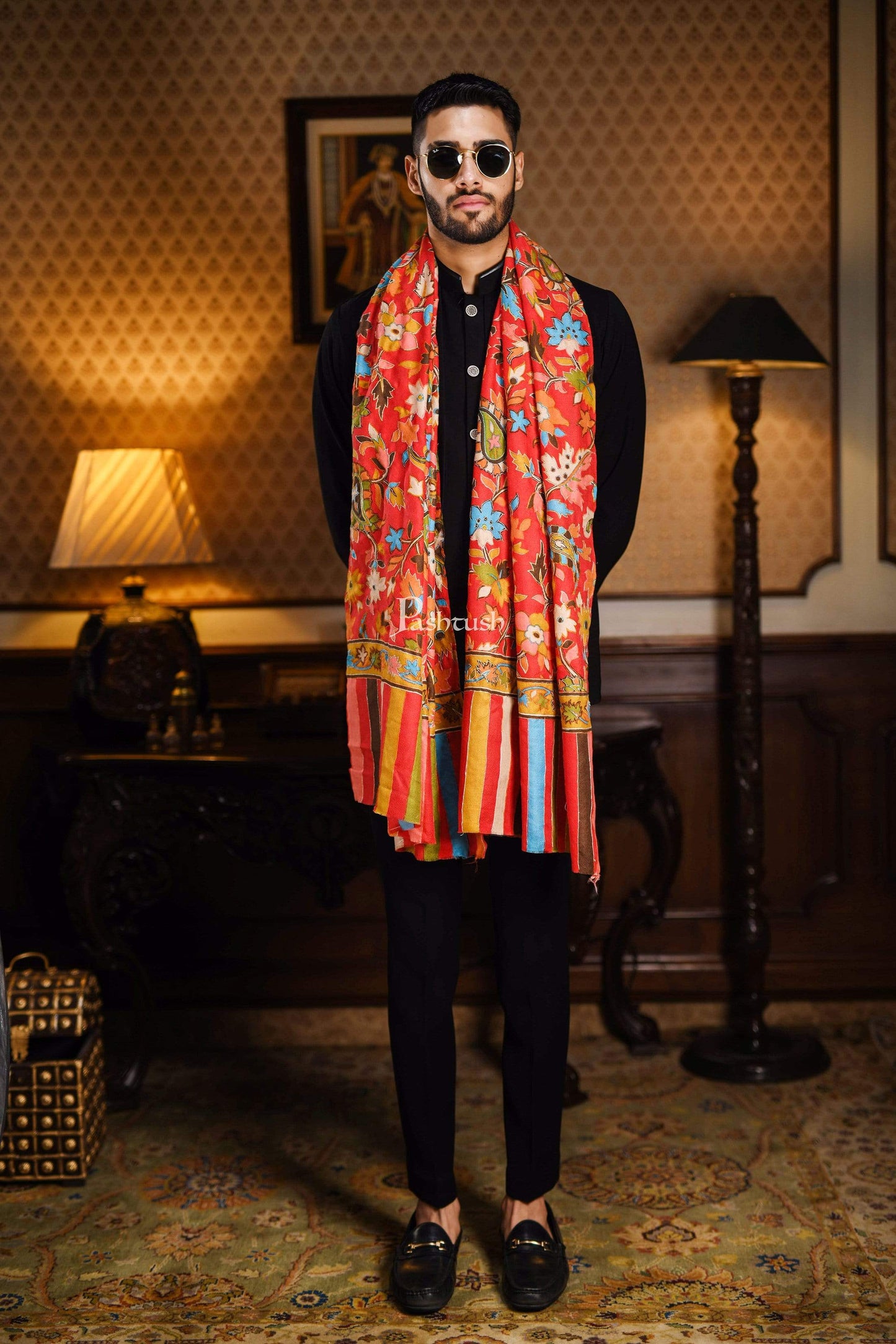 Pashtush India 70x200 Pashtush Mens Hand Embroidery Kalamkari Stole