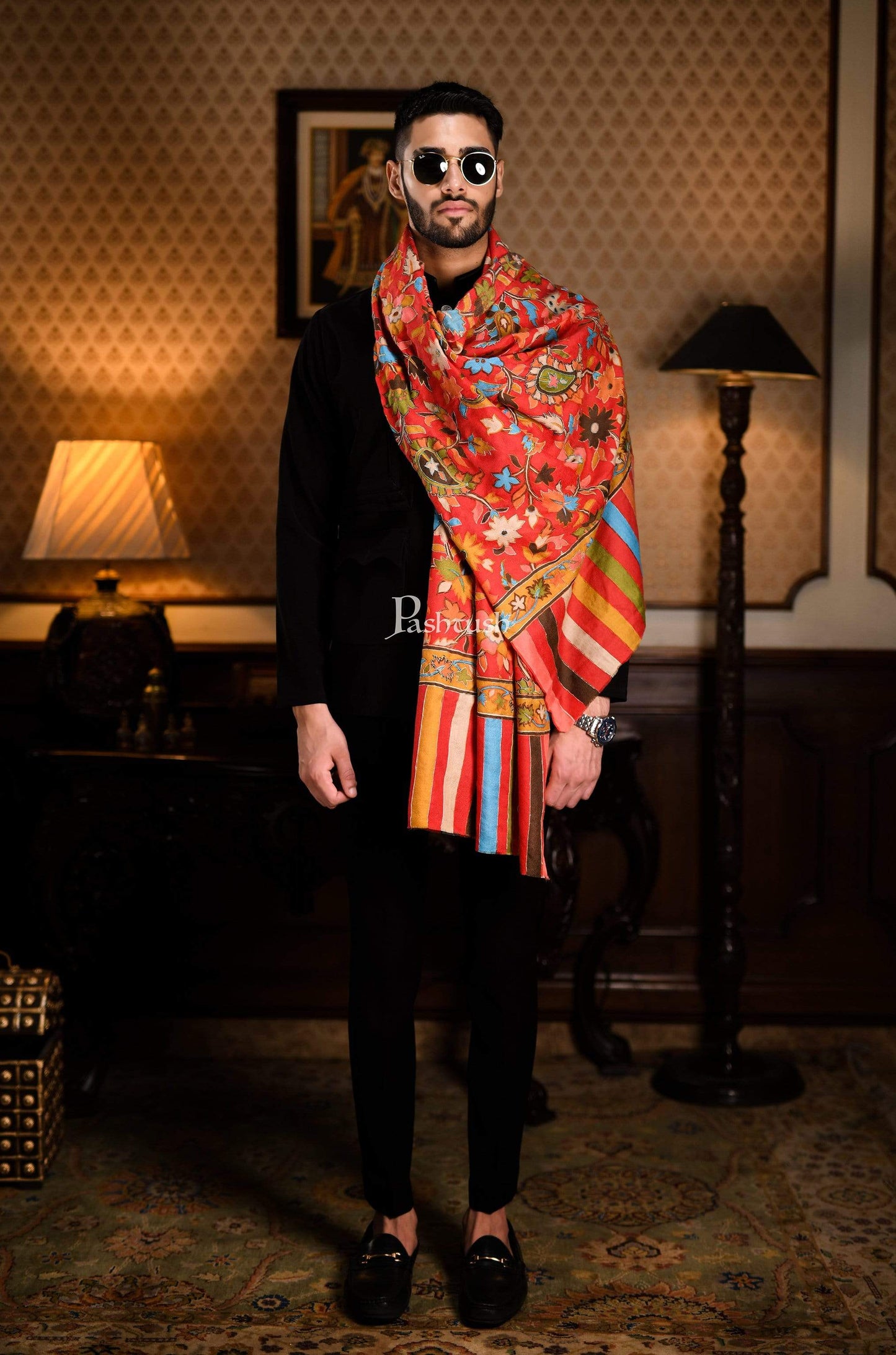 Pashtush India 70x200 Pashtush Mens Hand Embroidery Kalamkari Stole