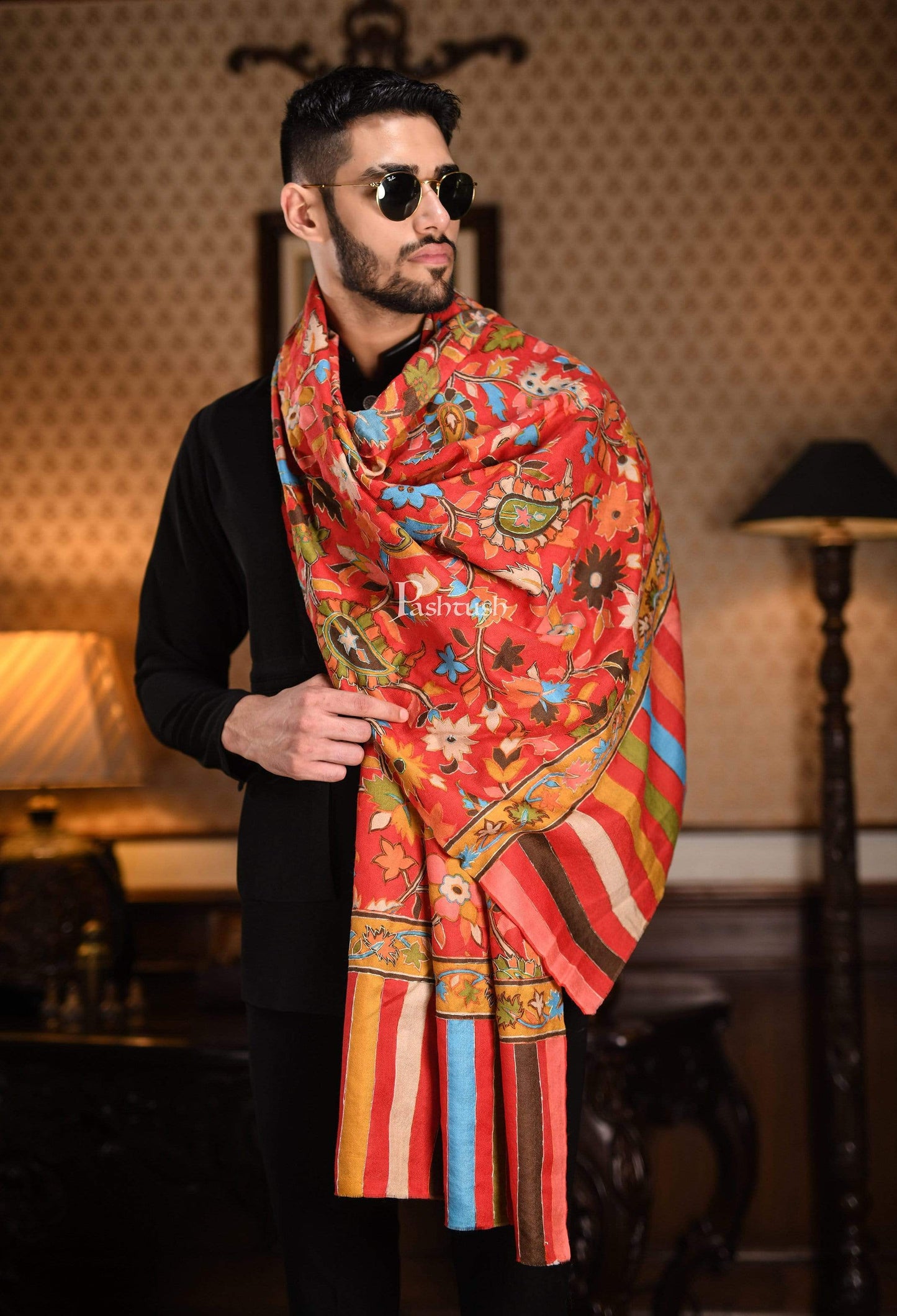 Pashtush India 70x200 Pashtush Mens Hand Embroidery Kalamkari Stole