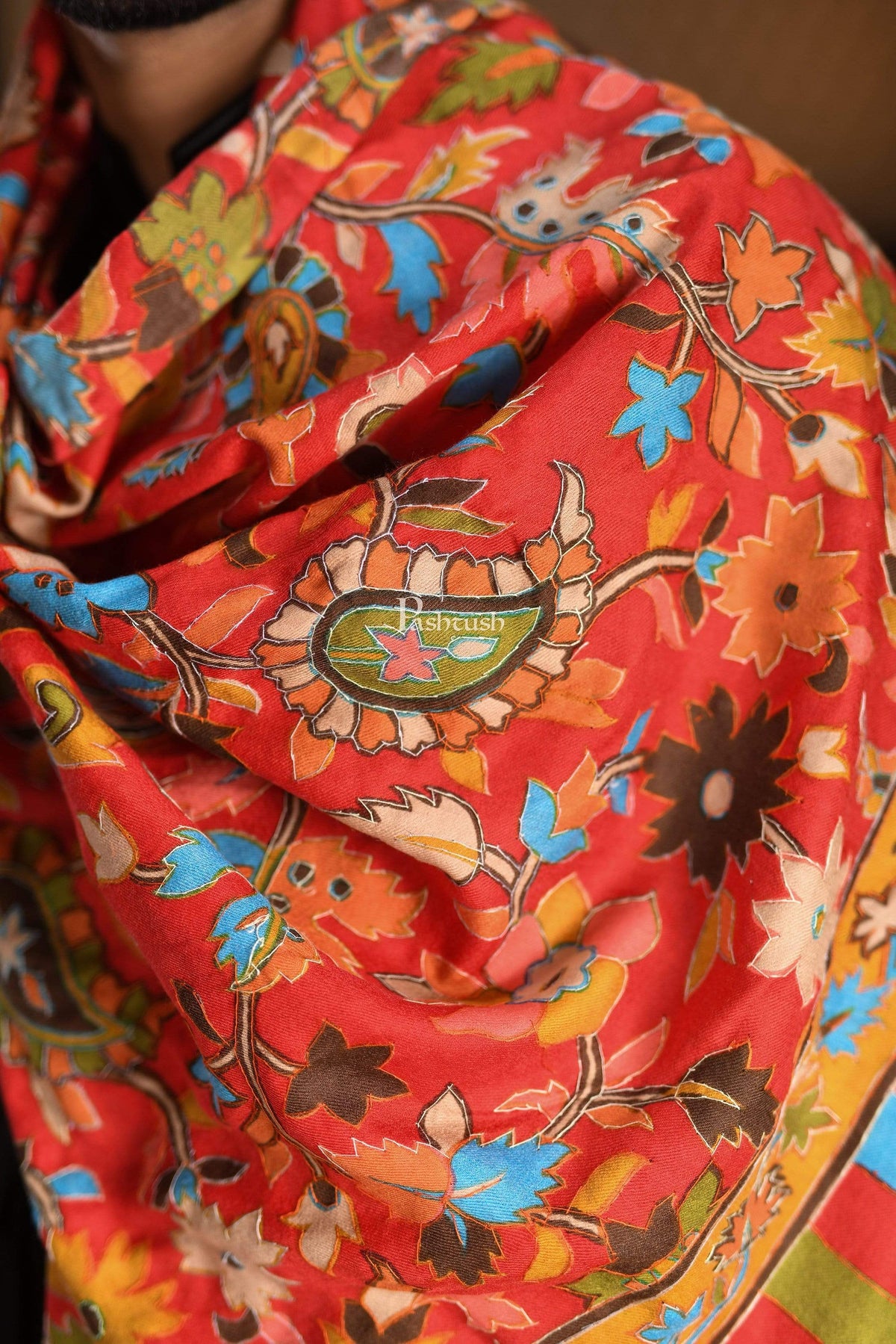 Pashtush India 70x200 Pashtush Mens Hand Embroidery Kalamkari Stole
