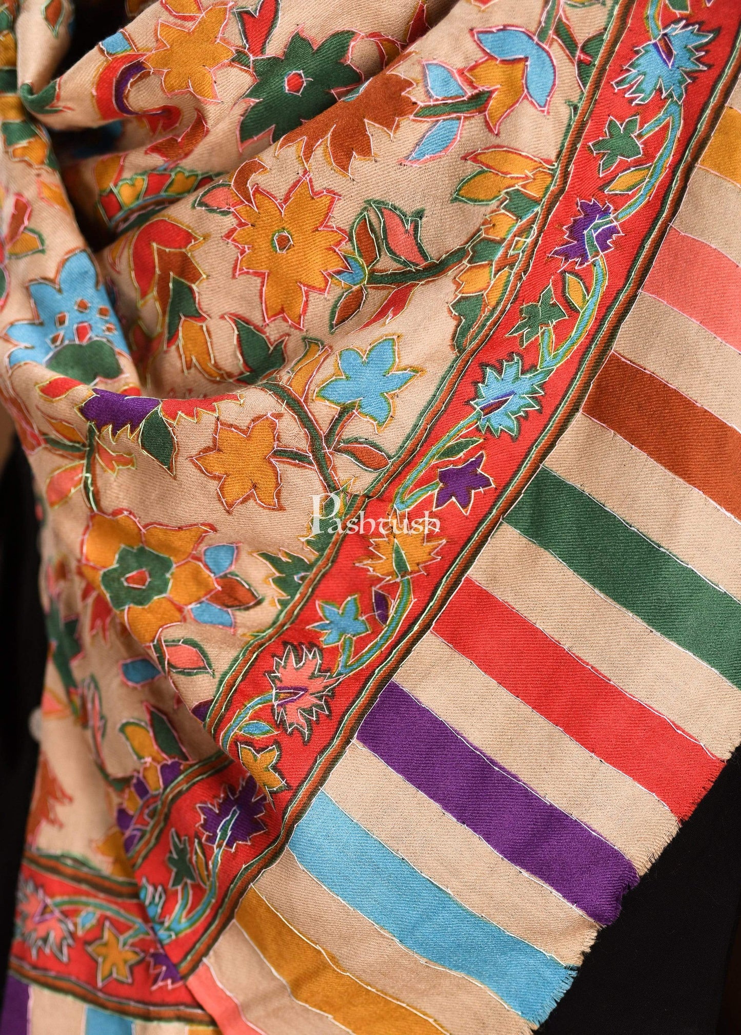Pashtush India 70x200 Pashtush Mens Hand Embroidery Kalamkari Stole