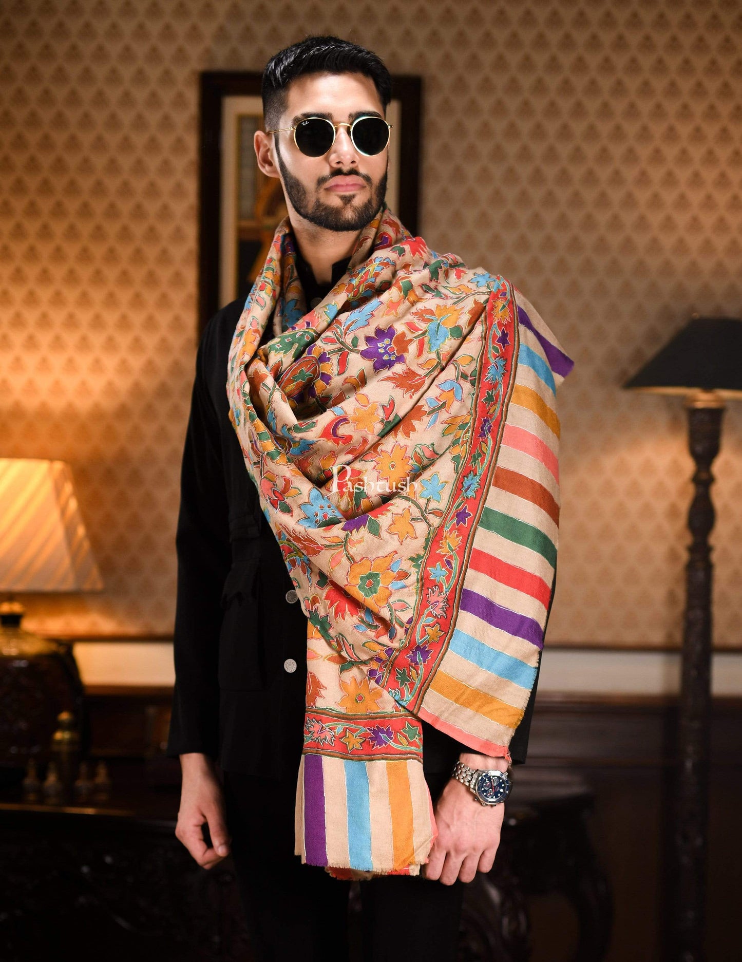 Pashtush India 70x200 Pashtush Mens Hand Embroidery Kalamkari Stole