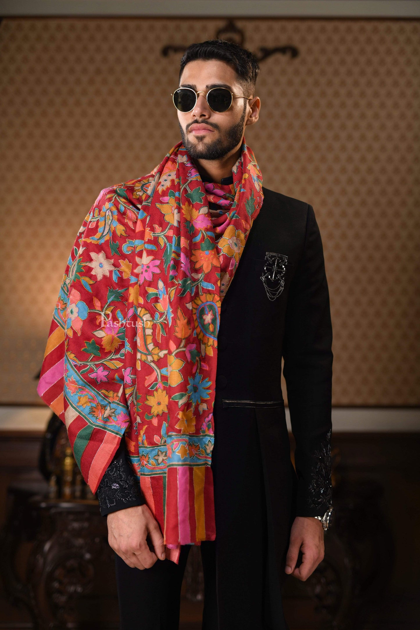 Pashtush India 70x200 Pashtush Mens Hand Embroidery Kalamkari Stole