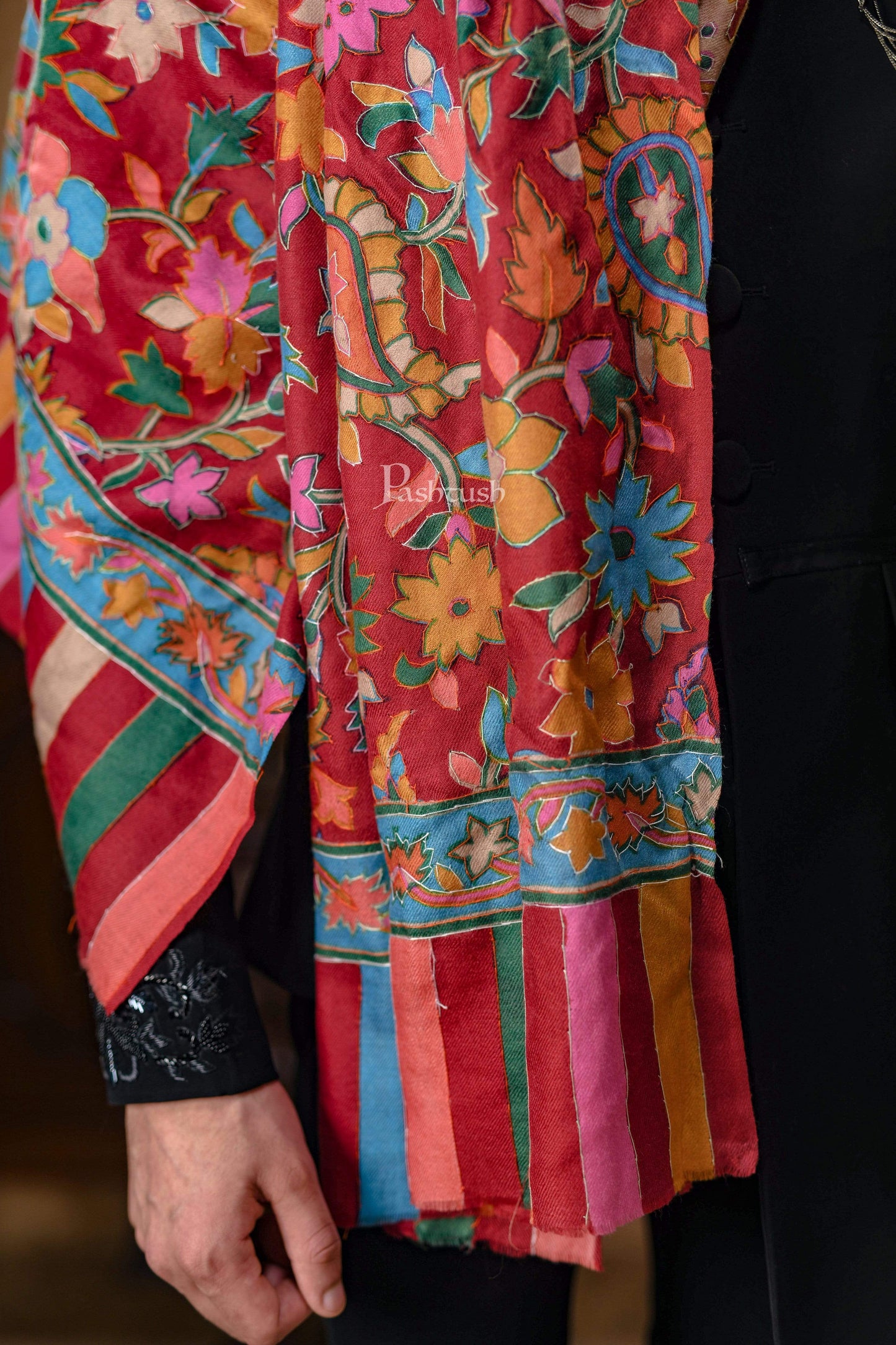 Pashtush India 70x200 Pashtush Mens Hand Embroidery Kalamkari Stole