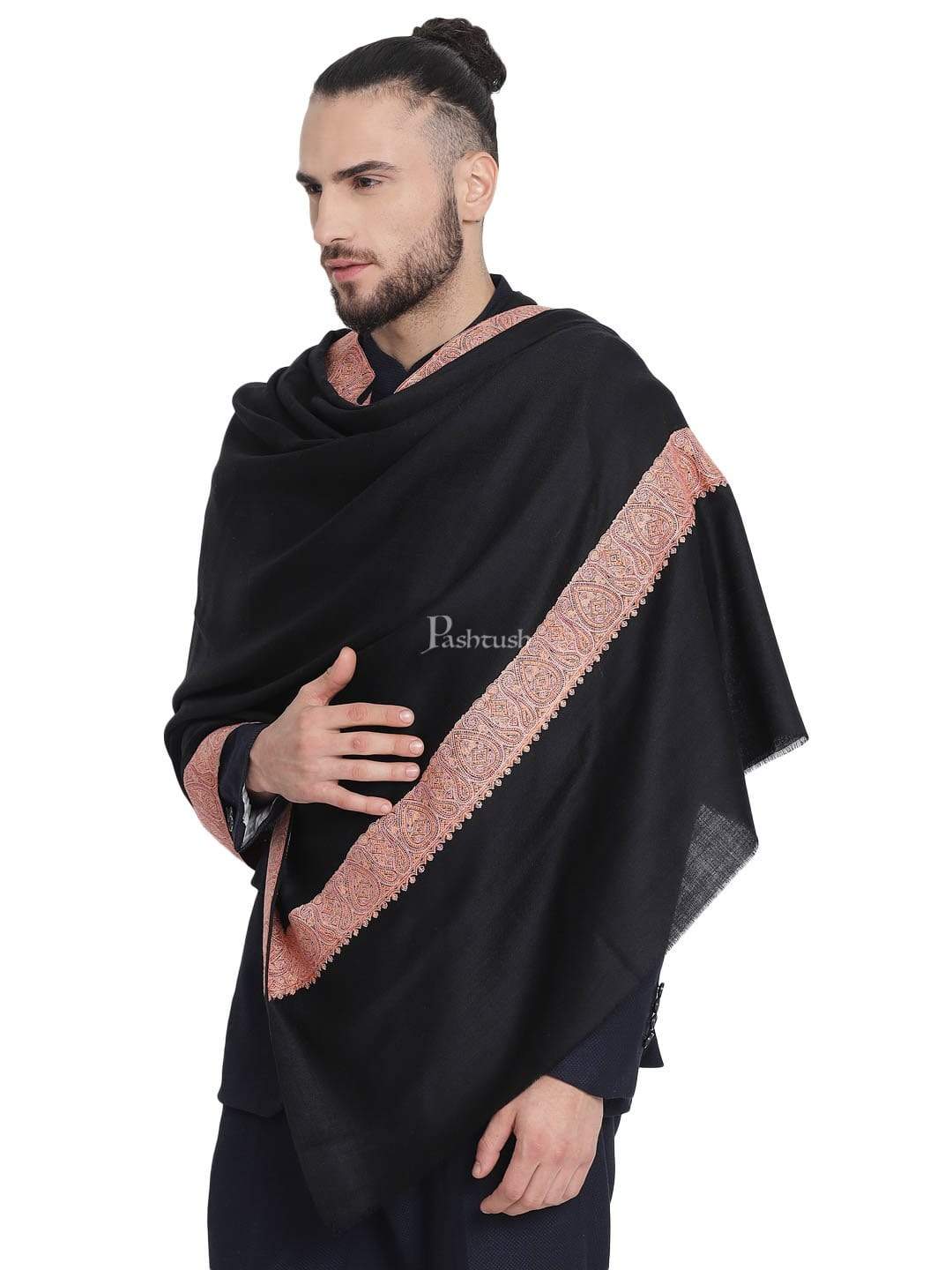 Pashtush India 100x200 Pashtush Mens Hand Embroidery Shawl, 100% Pure Wool Stole, Black