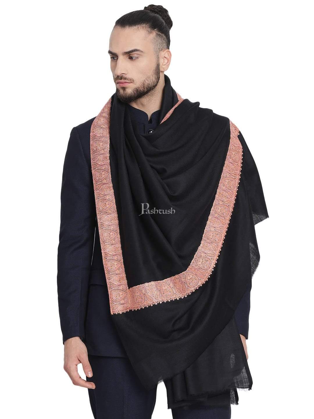 Pashtush India 100x200 Pashtush Mens Hand Embroidery Shawl, 100% Pure Wool Stole, Black