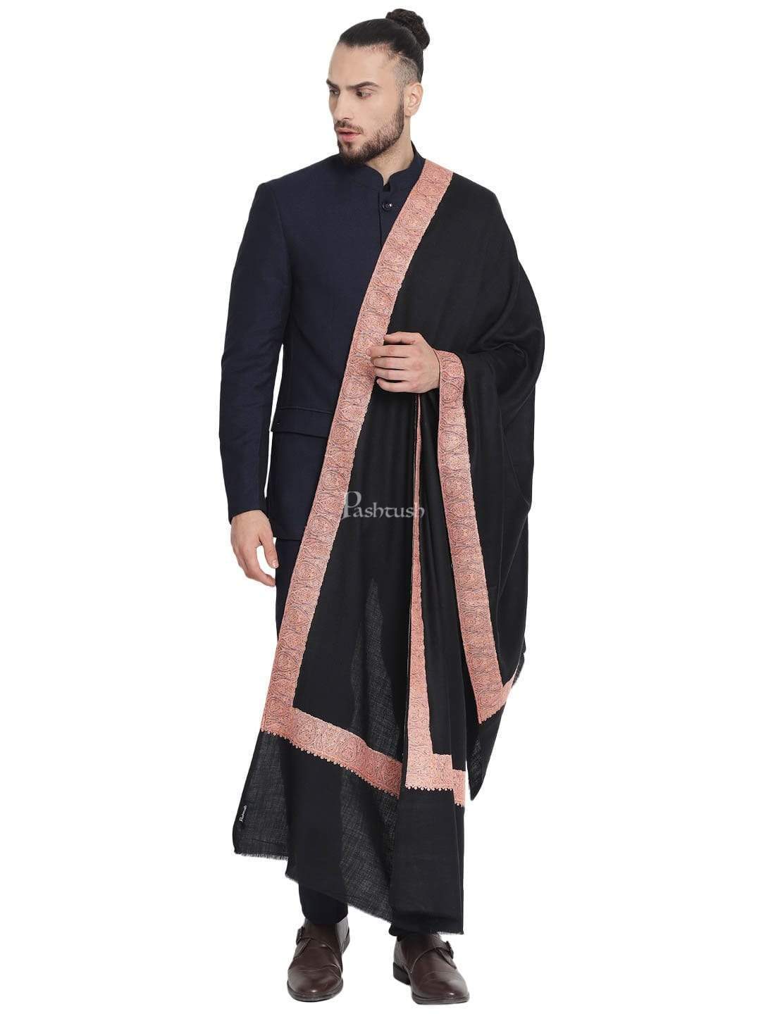 Pashtush India 100x200 Pashtush Mens Hand Embroidery Shawl, 100% Pure Wool Stole, Black
