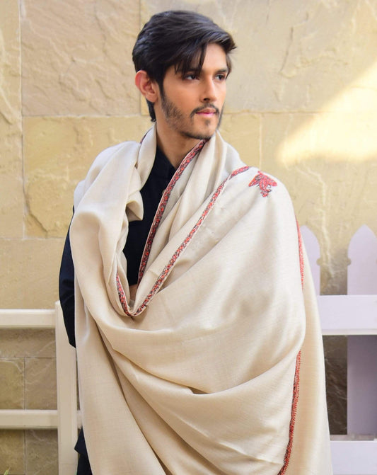 Pashtush India 127x254 Pashtush Mens Hand Embroidery Shawl, Woollen Shawl with Kashmiri Kingri Design, Full Size (Beige)