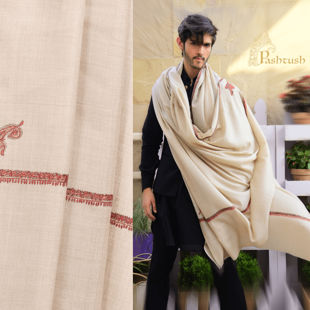 Pashtush India 127x254 Pashtush Mens Hand Embroidery Shawl, Woollen Shawl with Kashmiri Kingri Design, Full Size (Beige)
