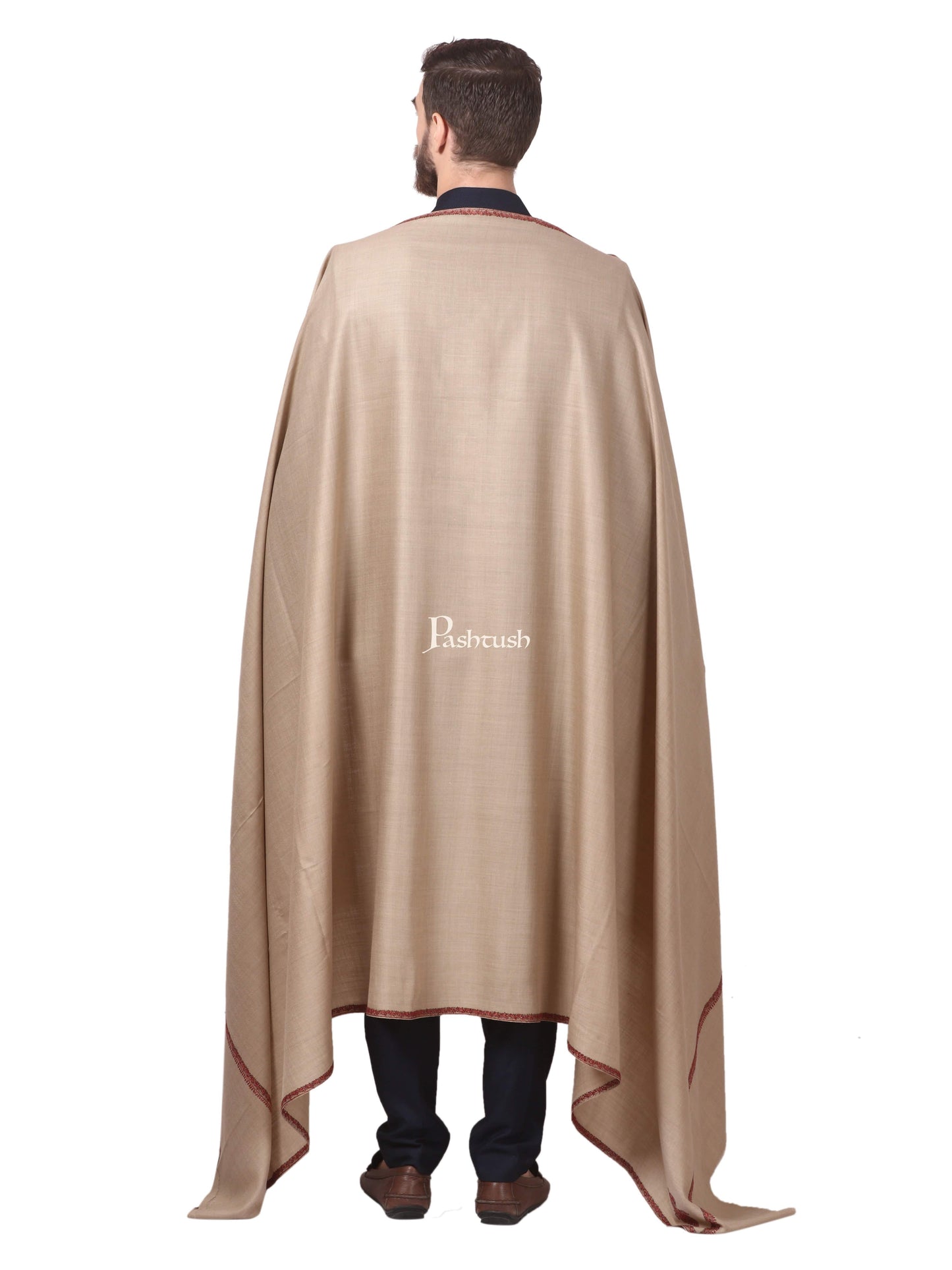 Pashtush India Mens Shawls Gents Shawl Pashtush Mens Hand Embroidery Shawl, Woollen Shawl With Kingri Design Embroidery Full Size (Beige)