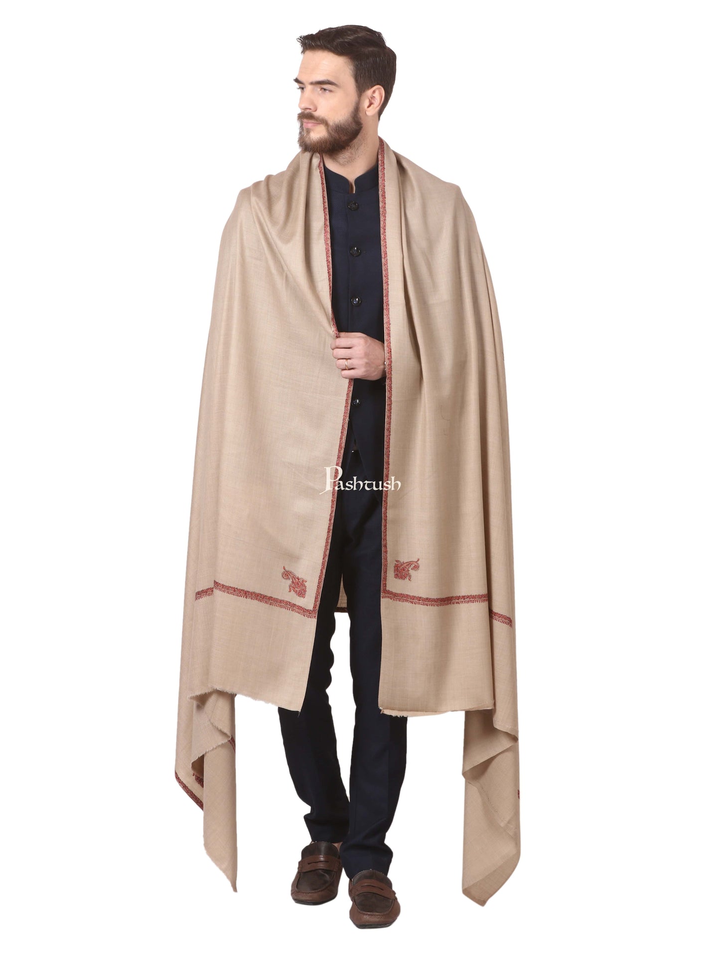 Pashtush India Mens Shawls Gents Shawl Pashtush Mens Hand Embroidery Shawl, Woollen Shawl With Kingri Design Embroidery Full Size (Beige)