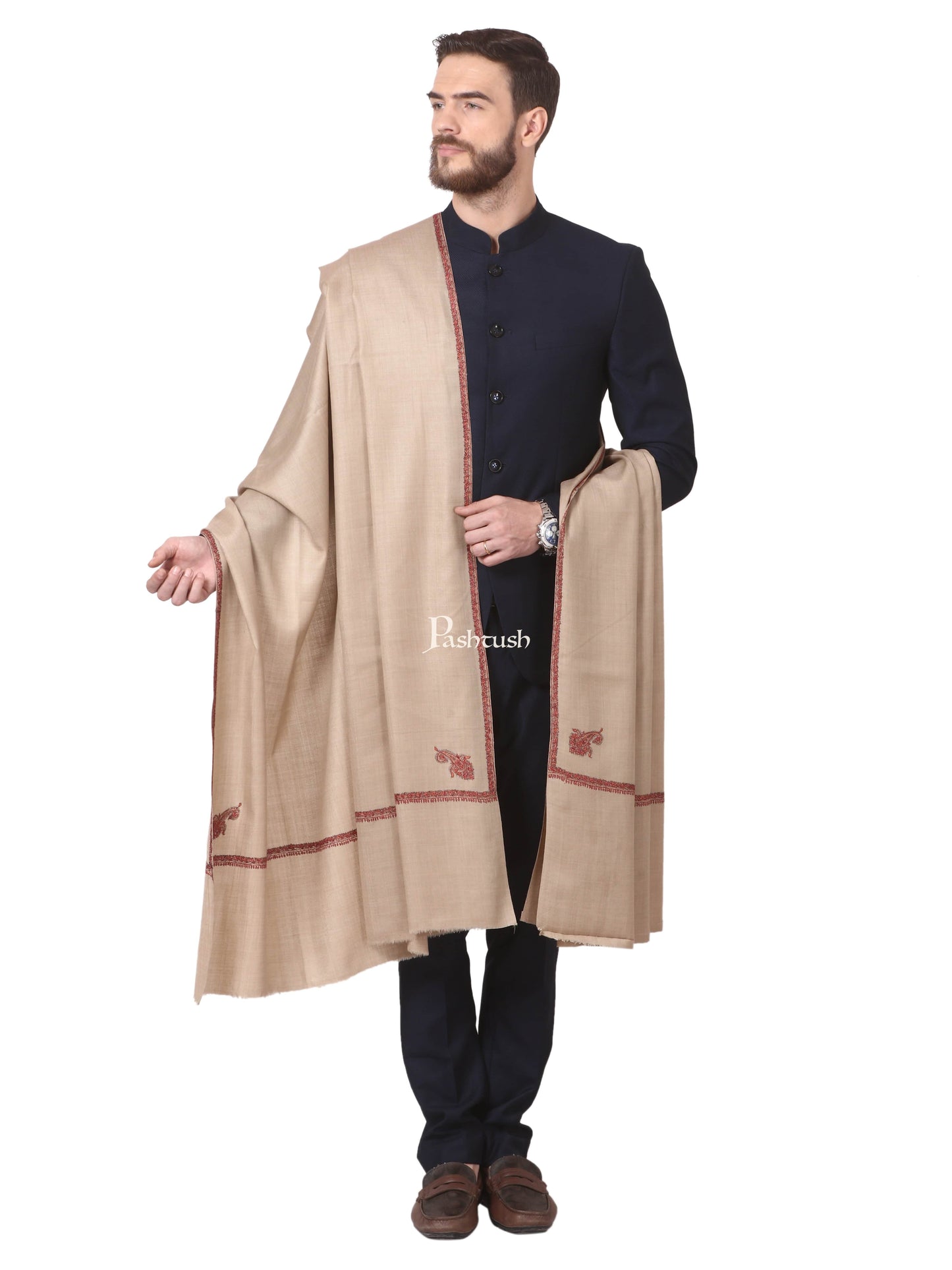 Pashtush India Mens Shawls Gents Shawl Pashtush Mens Hand Embroidery Shawl, Woollen Shawl With Kingri Design Embroidery Full Size (Beige)