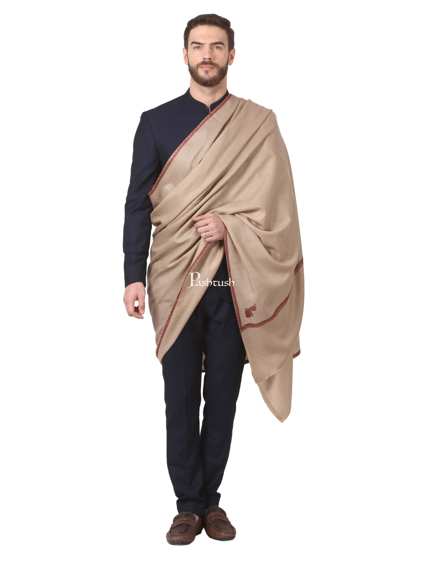 Pashtush India Mens Shawls Gents Shawl Pashtush Mens Hand Embroidery Shawl, Woollen Shawl With Kingri Design Embroidery Full Size (Beige)
