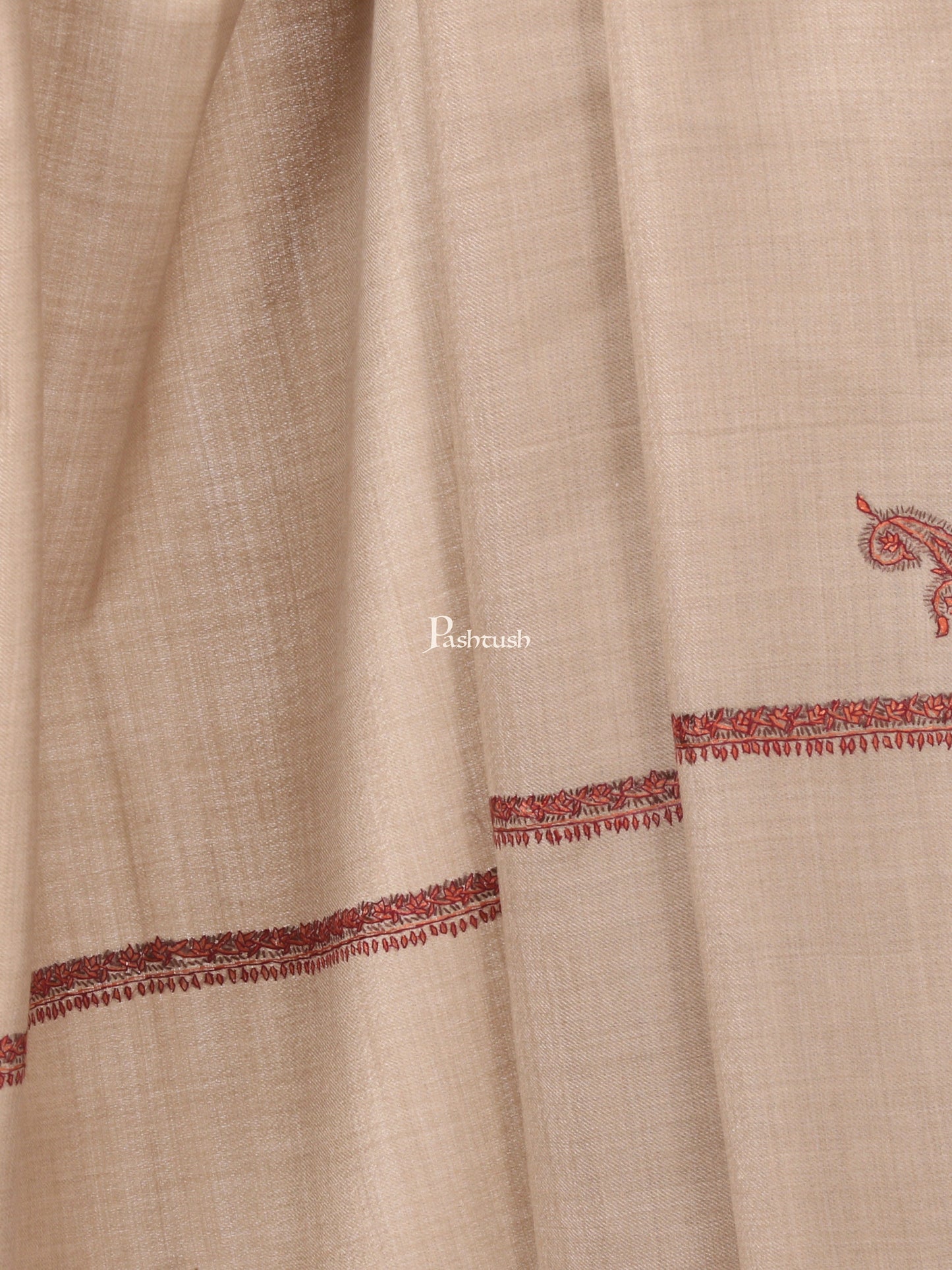 Pashtush India Mens Shawls Gents Shawl Pashtush Mens Hand Embroidery Shawl, Woollen Shawl With Kingri Design Embroidery Full Size (Beige)
