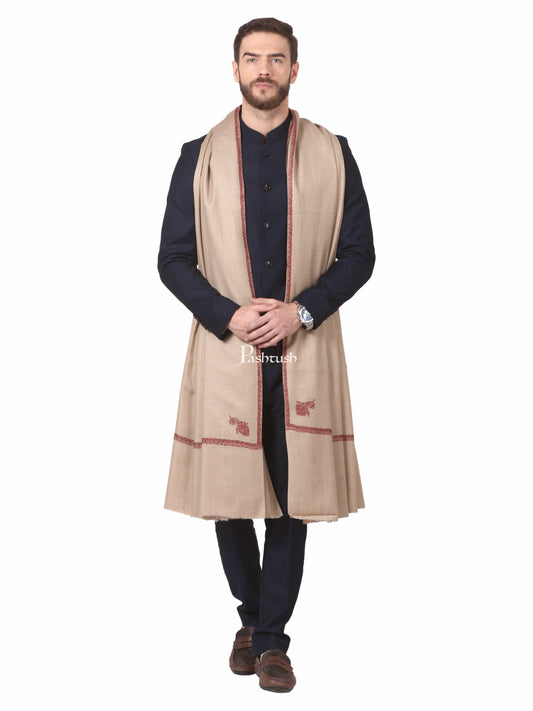 Pashtush India Mens Shawls Gents Shawl Pashtush Mens Hand Embroidery Shawl, Woollen Shawl With Kingri Design Embroidery Full Size (Beige)