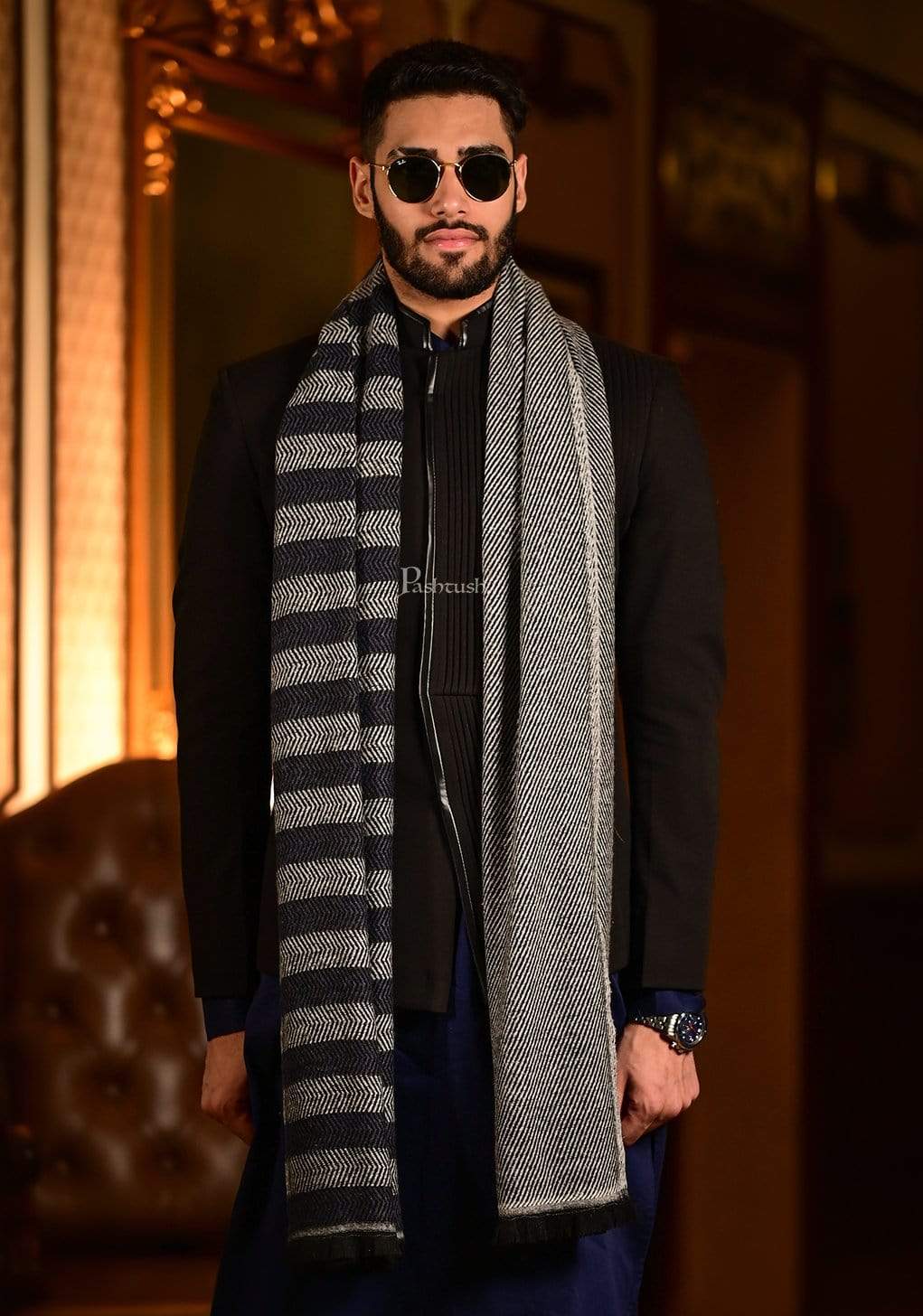 Pashtush India 70x200 Pashtush Mens Herringbone Pattern Weave Warm Woollen Scarf, Grey