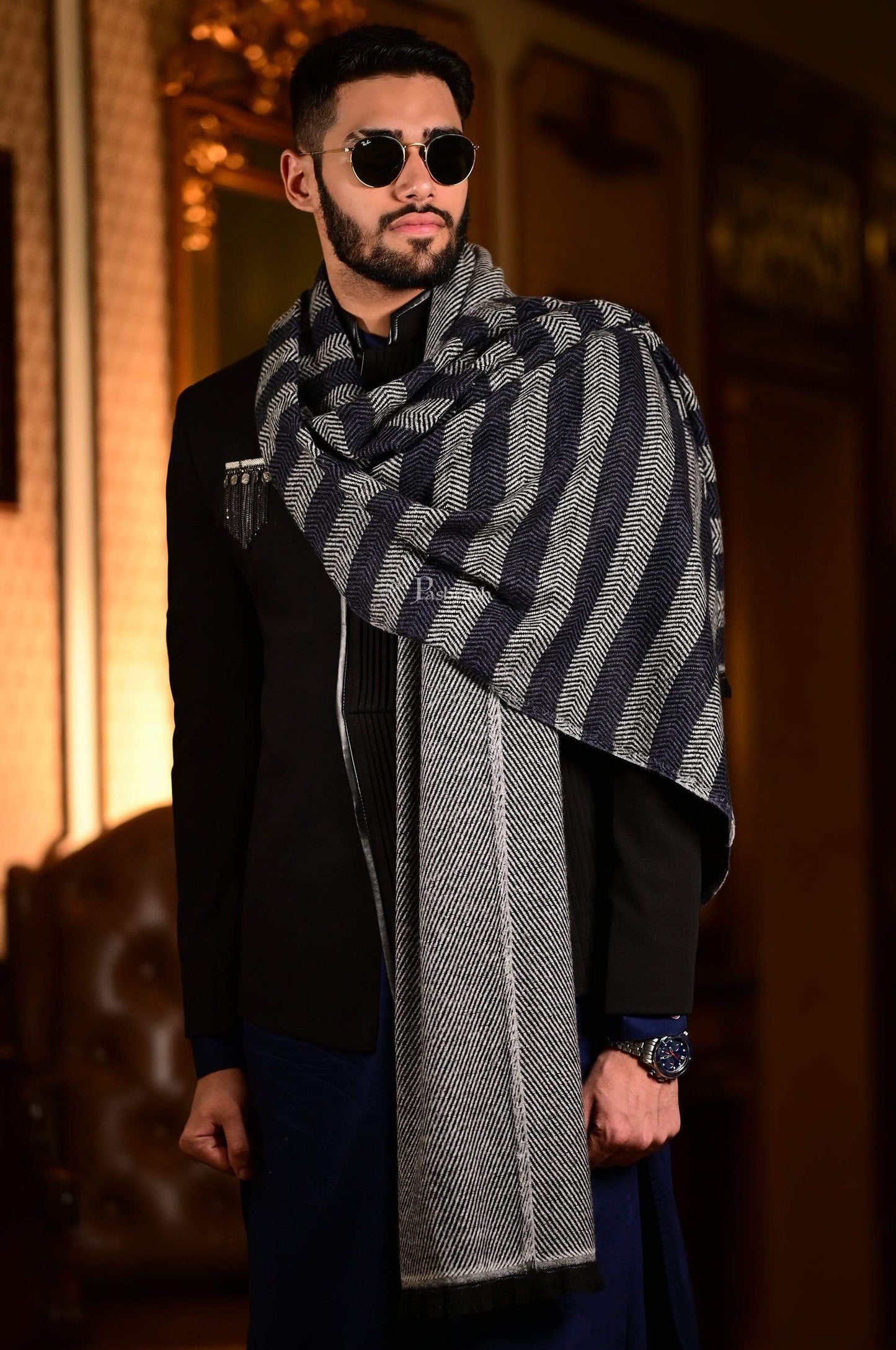 Pashtush India 70x200 Pashtush Mens Herringbone Pattern Weave Warm Woollen Scarf, Grey