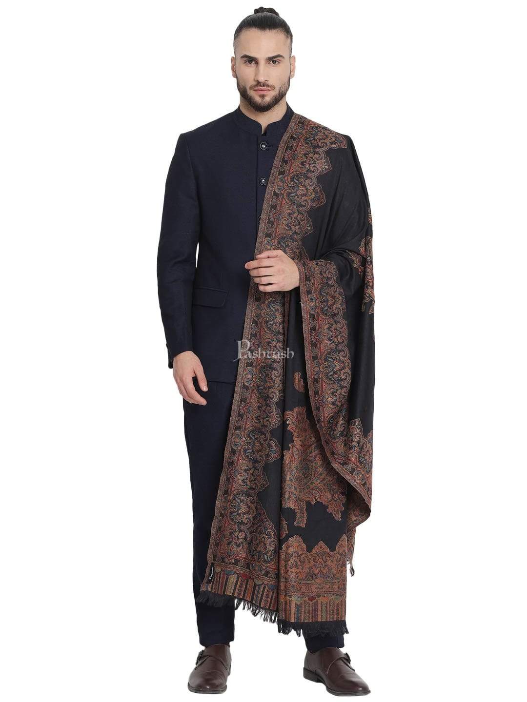 Pashtush India 100x200 Pashtush Mens Jacquard Ambi Stole, Warm and soft, Faux Pashmina - Black