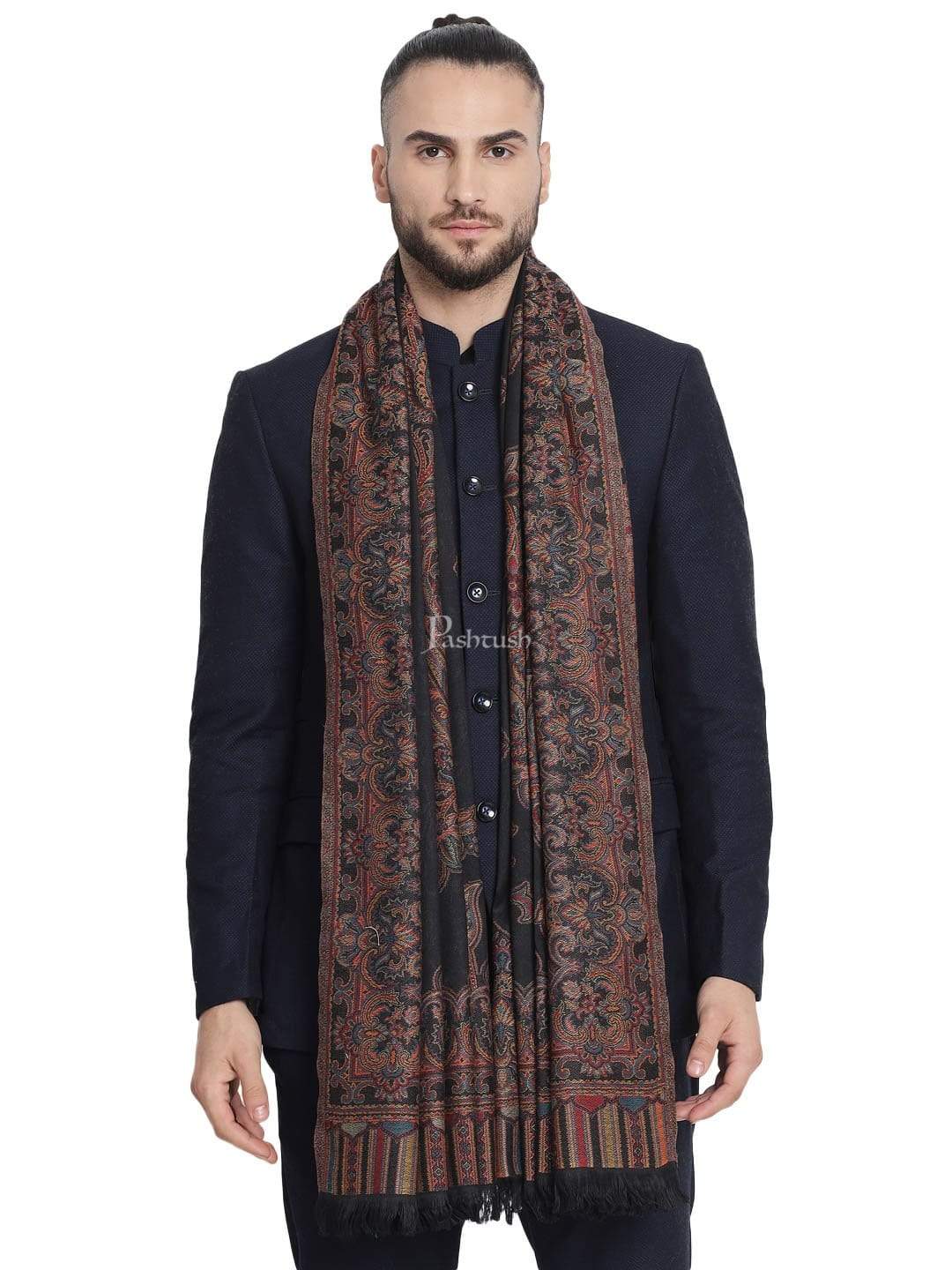 Pashtush India 100x200 Pashtush Mens Jacquard Ambi Stole, Warm and soft, Faux Pashmina - Black