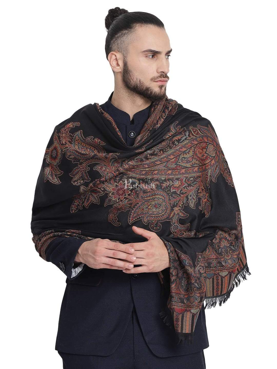 Pashtush India 100x200 Pashtush Mens Jacquard Ambi Stole, Warm and soft, Faux Pashmina - Black