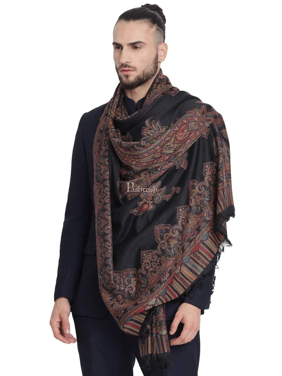 Pashtush India 100x200 Pashtush Mens Jacquard Ambi Stole, Warm and soft, Faux Pashmina - Black