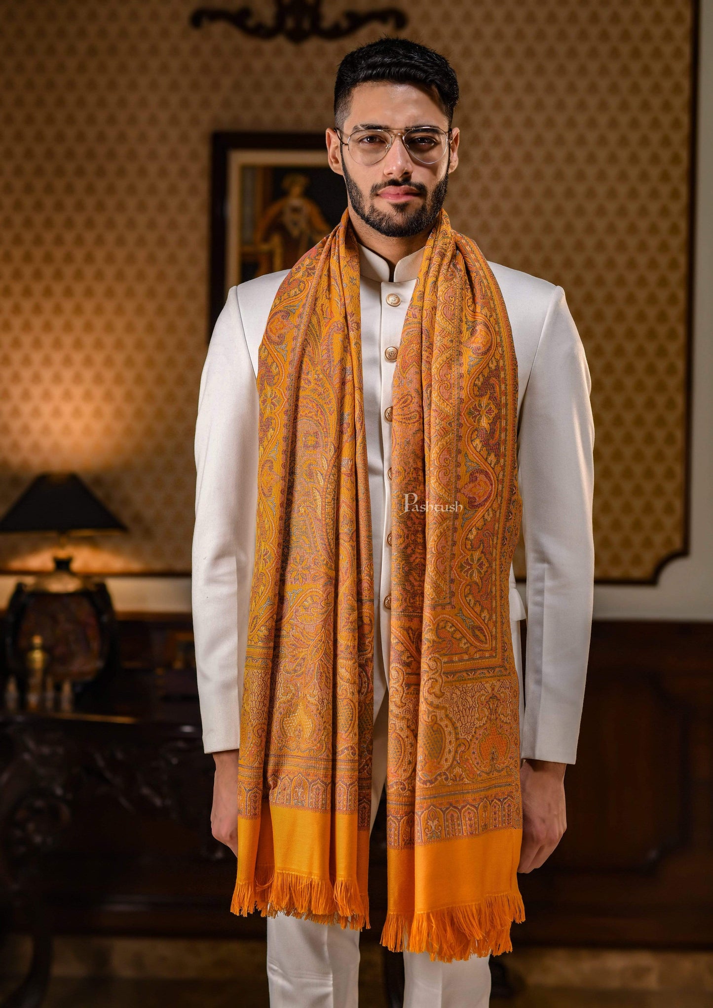 Pashtush India 100x200 Pashtush Mens Jamawar Shawl, Mustard