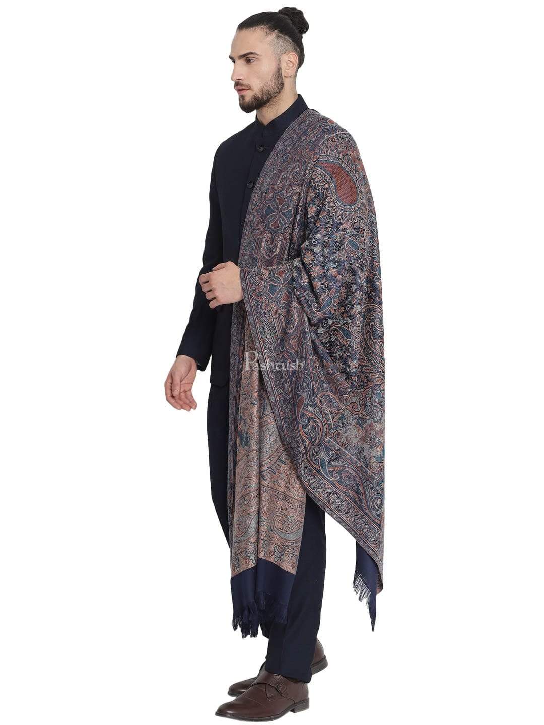 Pashtush India 100x200 Pashtush Mens Jamawar Shawl, Navy blue