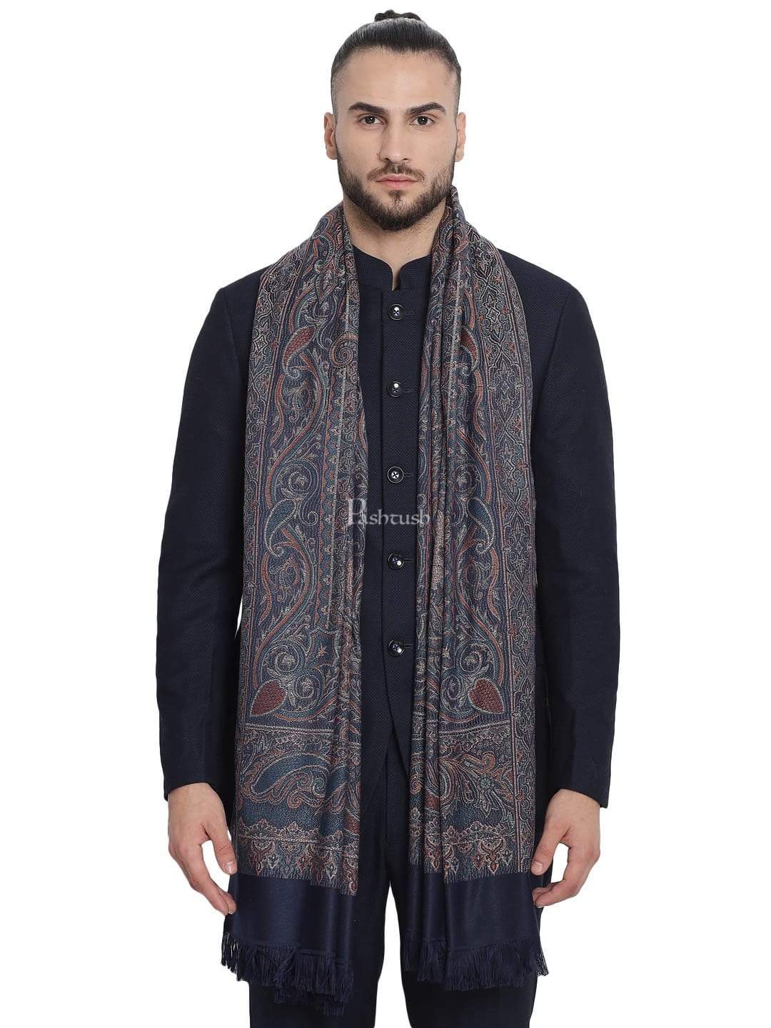 Pashtush India 100x200 Pashtush Mens Jamawar Shawl, Navy blue
