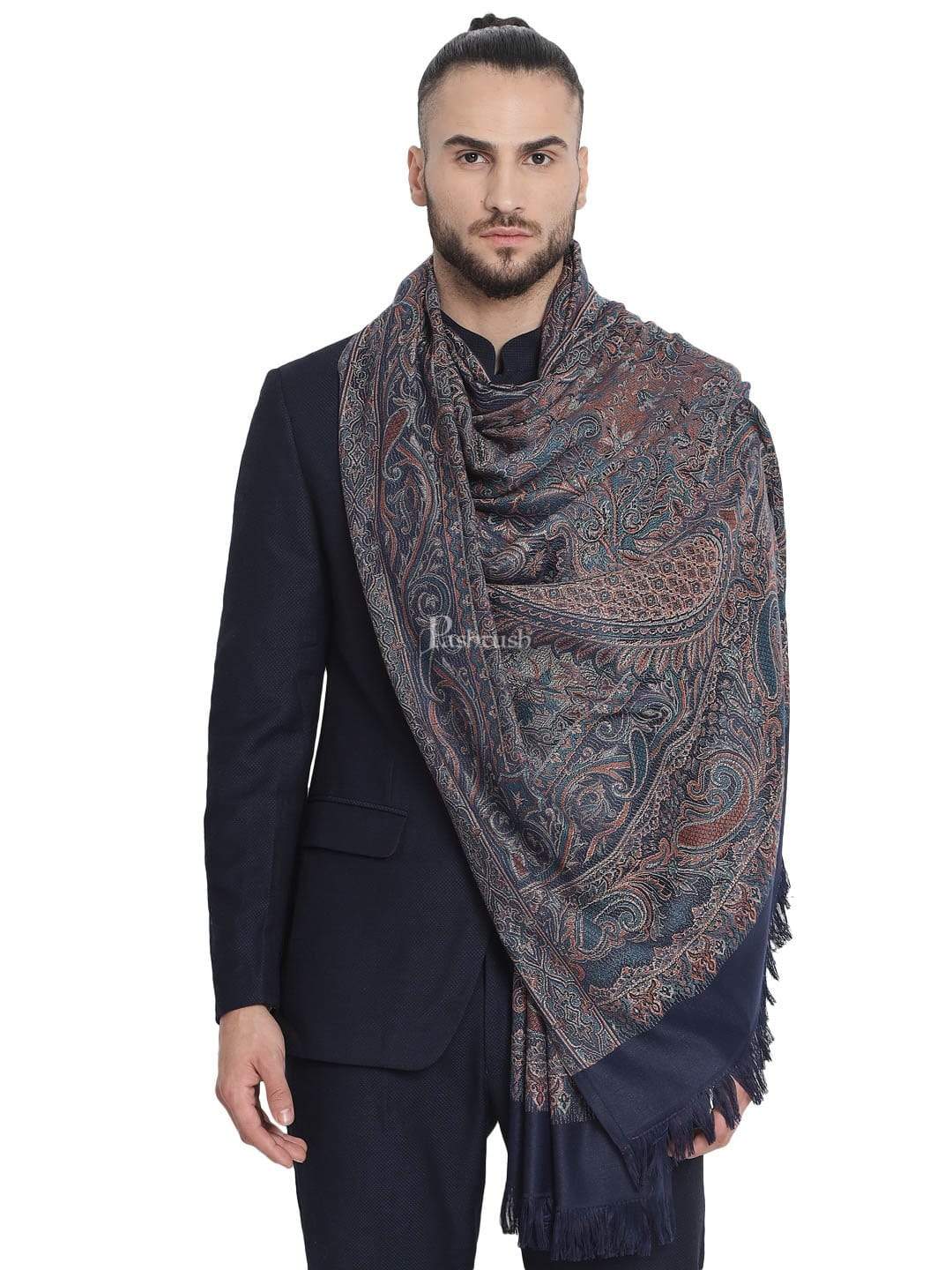 Pashtush India 100x200 Pashtush Mens Jamawar Shawl, Navy blue